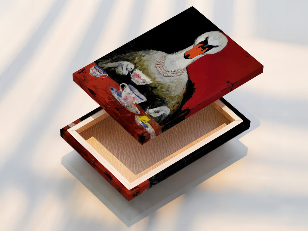 A stretched canvas print of the Swan Tea Party artwork. This whimsical animal wall art features a surreal bird at a tea party. The stretched canvas provides a gallery-ready look. It is perfect for dining rooms or living rooms.