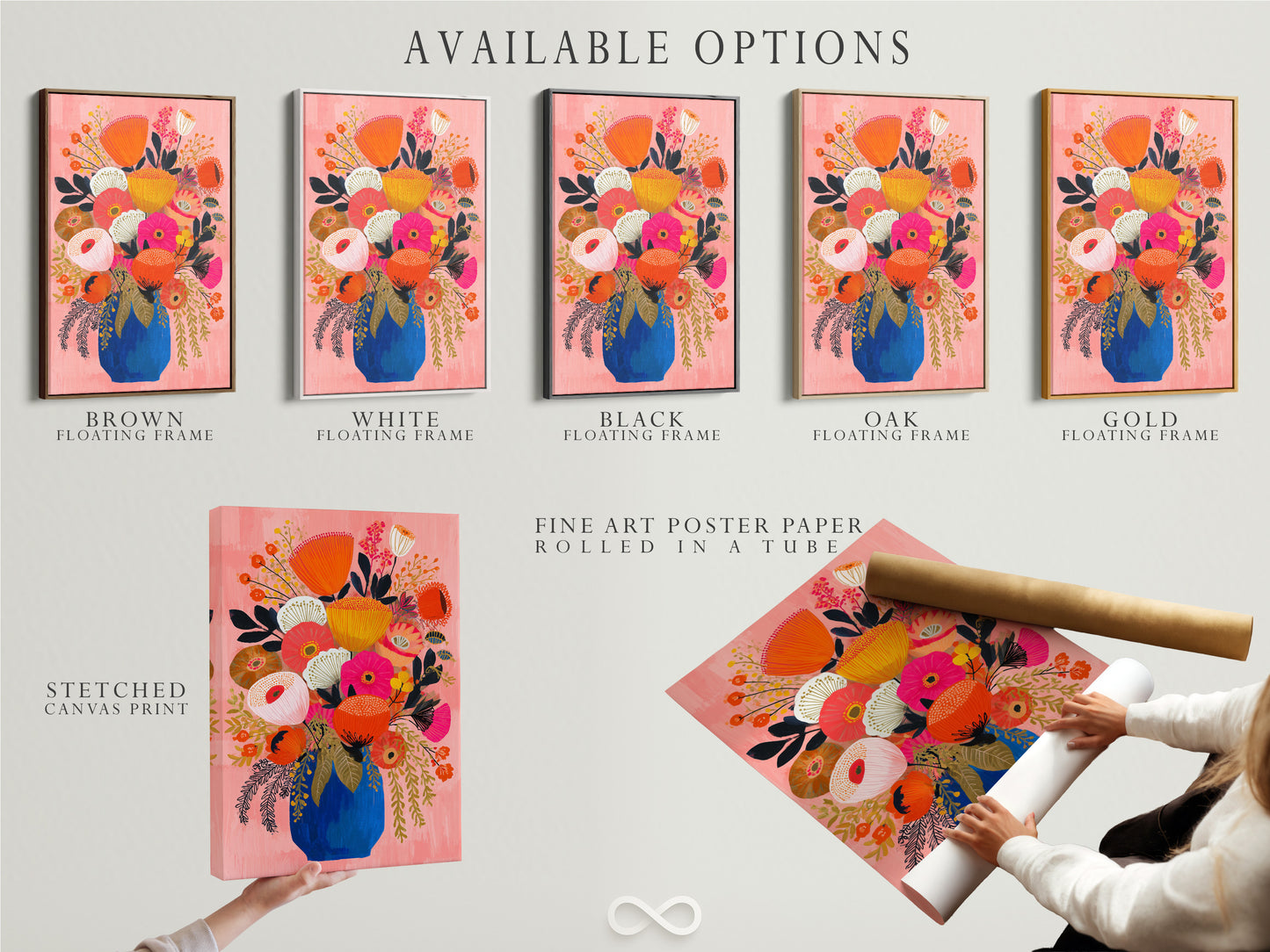 Impression d'art floral vibrant - Décor mural botanique coloré, Poster bouquet de fleurs moderne, Décoration rose et bleu pour la maison, Art du salon