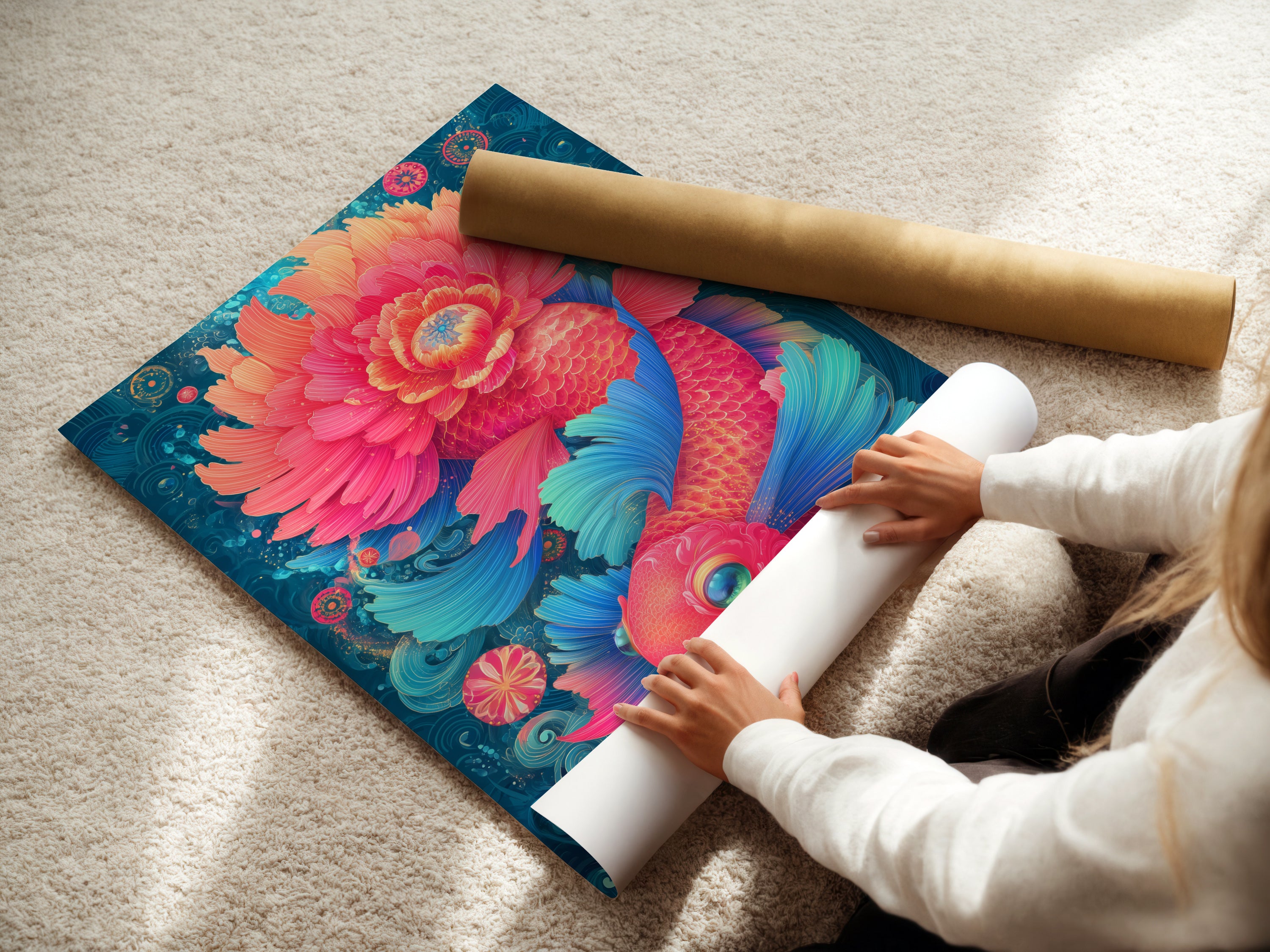 A woman is carefully rolling a fine art poster paper. The paper features a vibrant koi fish artwork. This modern Asian art is perfect for creating custom wall decor. The poster paper allows for flexible framing options.
