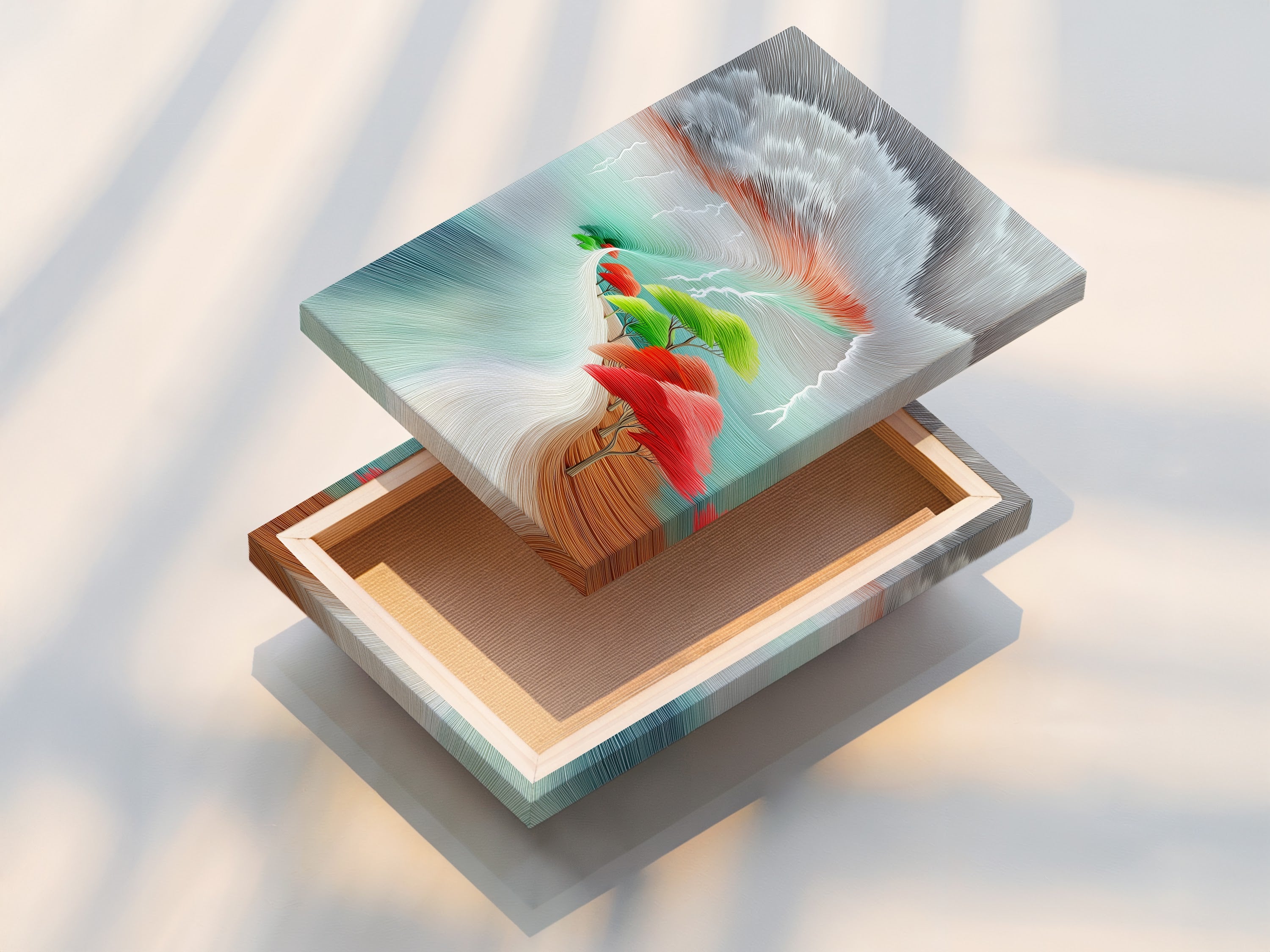 A stretched canvas print displays a vibrant abstract landscape artwork. The colorful trees and modern nature scene are beautifully rendered. This gallery-wrapped canvas is ready to hang. It will enhance any living room or office space.