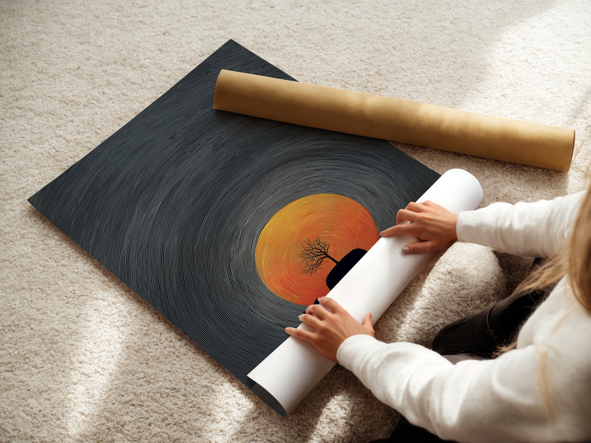 A woman carefully rolls a fine art poster paper. The whale sunset artwork is ready to be framed and displayed. This minimalist ocean art is perfect for coastal home decor. The poster captures the essence of surreal nautical style.