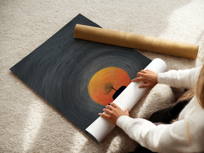 A woman carefully rolls a fine art poster paper. The whale sunset artwork is ready to be framed and displayed. This minimalist ocean art is perfect for coastal home decor. The poster captures the essence of surreal nautical style.