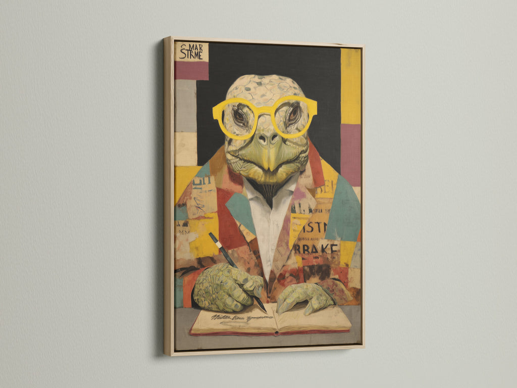 Turtle Scholar Art Print in an oak frame. A vintage animal art piece brings academic charm. This quirky wall decor is ideal as a turtle canvas print. It serves as scholar artwork that enhances study room art. The oak frame complements the animal portrait art beautifully.