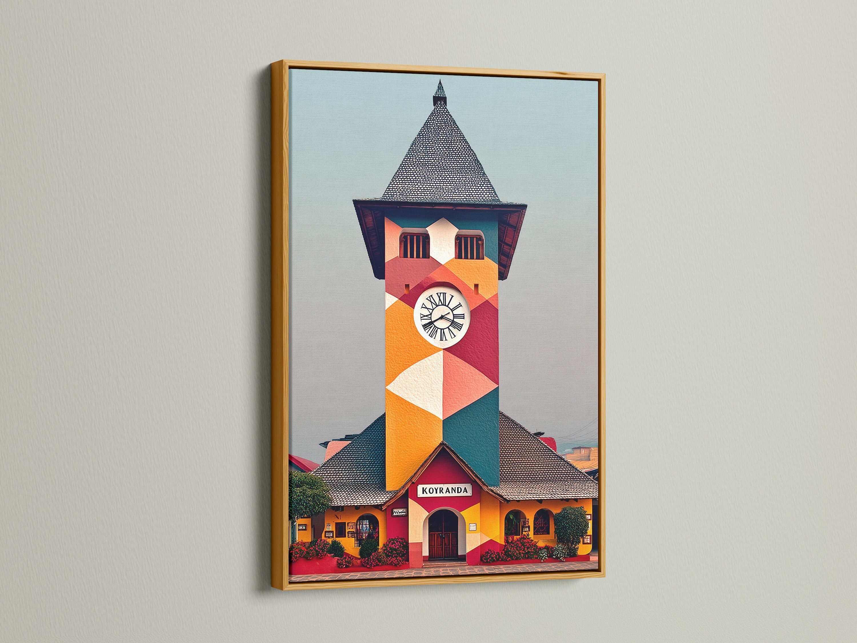 Admire this geometric clock tower artwork framed in a luxurious gold finish. The building canvas print radiates elegance and style. This colorful wall art makes a statement. Perfect for those seeking sophisticated office wall decor or a unique retro art print.