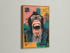 The funny monkey artwork is showcased in a gold frame. This pop art canvas adds a touch of retro style. The quirky chimp with glasses brings a smile to your face. Consider this gold frame for a luxurious look. This artwork is a great choice for a home bar.