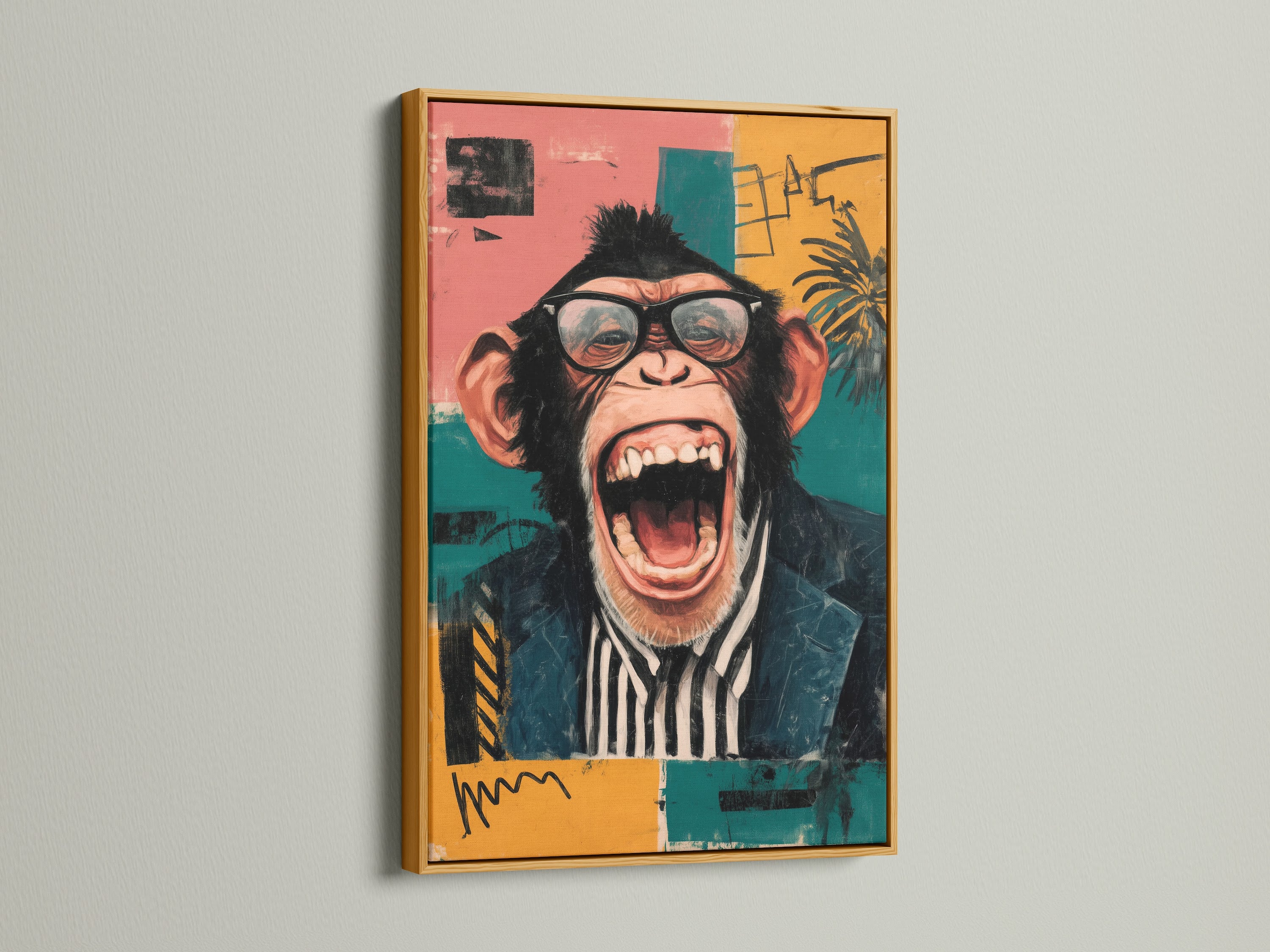 The funny monkey artwork is showcased in a gold frame. This pop art canvas adds a touch of retro style. The quirky chimp with glasses brings a smile to your face. Consider this gold frame for a luxurious look. This artwork is a great choice for a home bar.