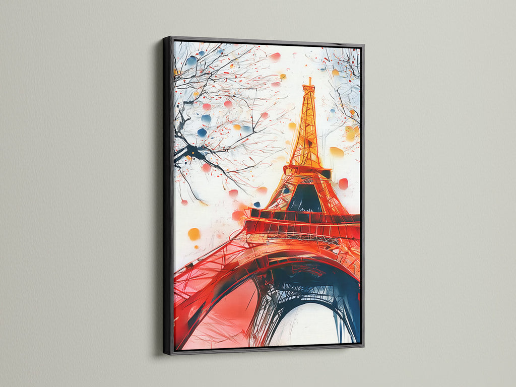 Eiffel Tower fine art in a black frame. A bold black frame adds contrast and definition to the tower canvas art. This is ideal for creating a focal point in your home or office gallery wall.