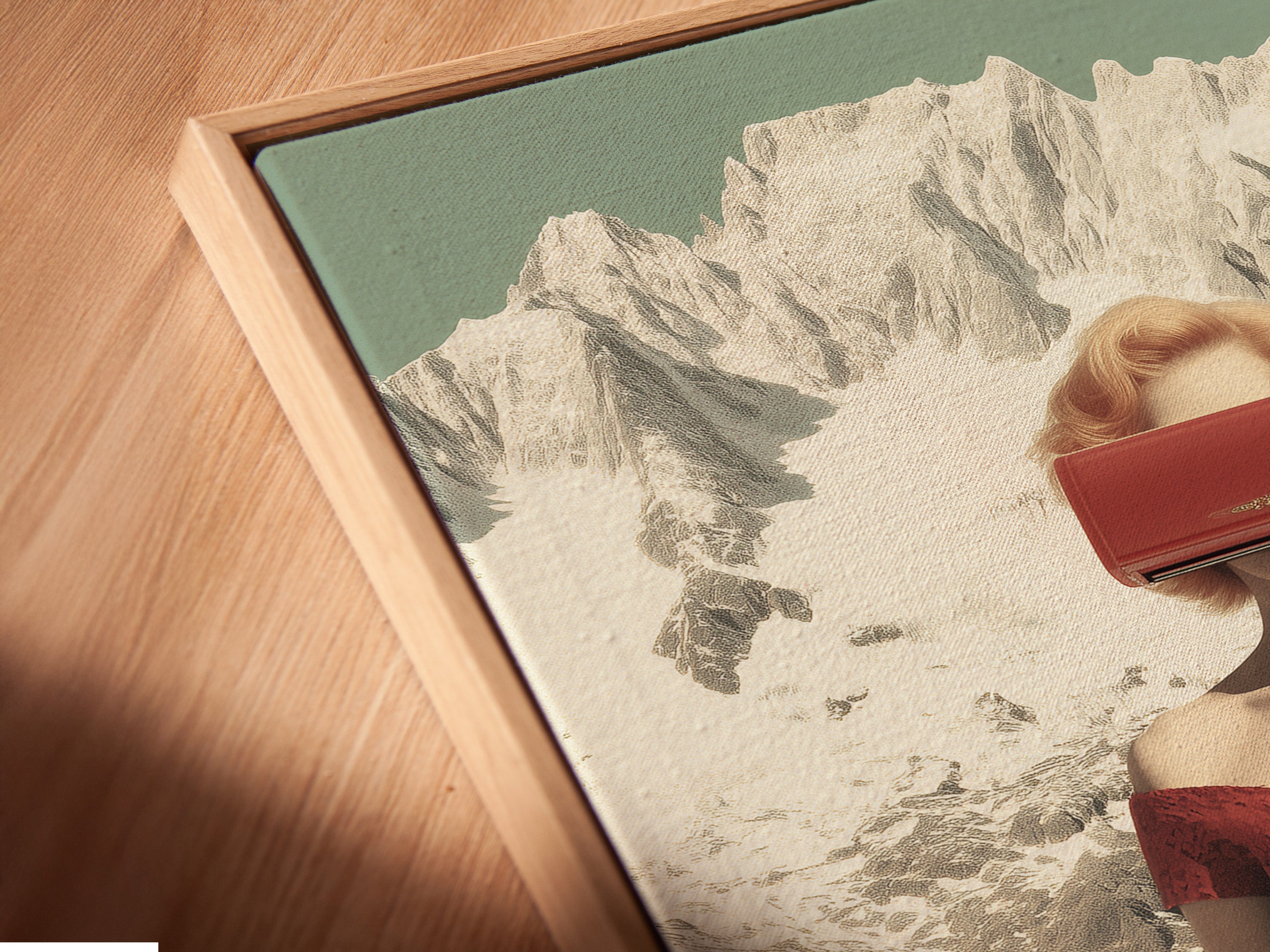 Close-up of a canvas print in a floating frame. The vintage travel artwork features a surreal mountain landscape and a retro fashion woman. The floating frame enhances the art deco style. Perfect for modern bedroom decor. Add a touch of elegance to your space with this unique piece.