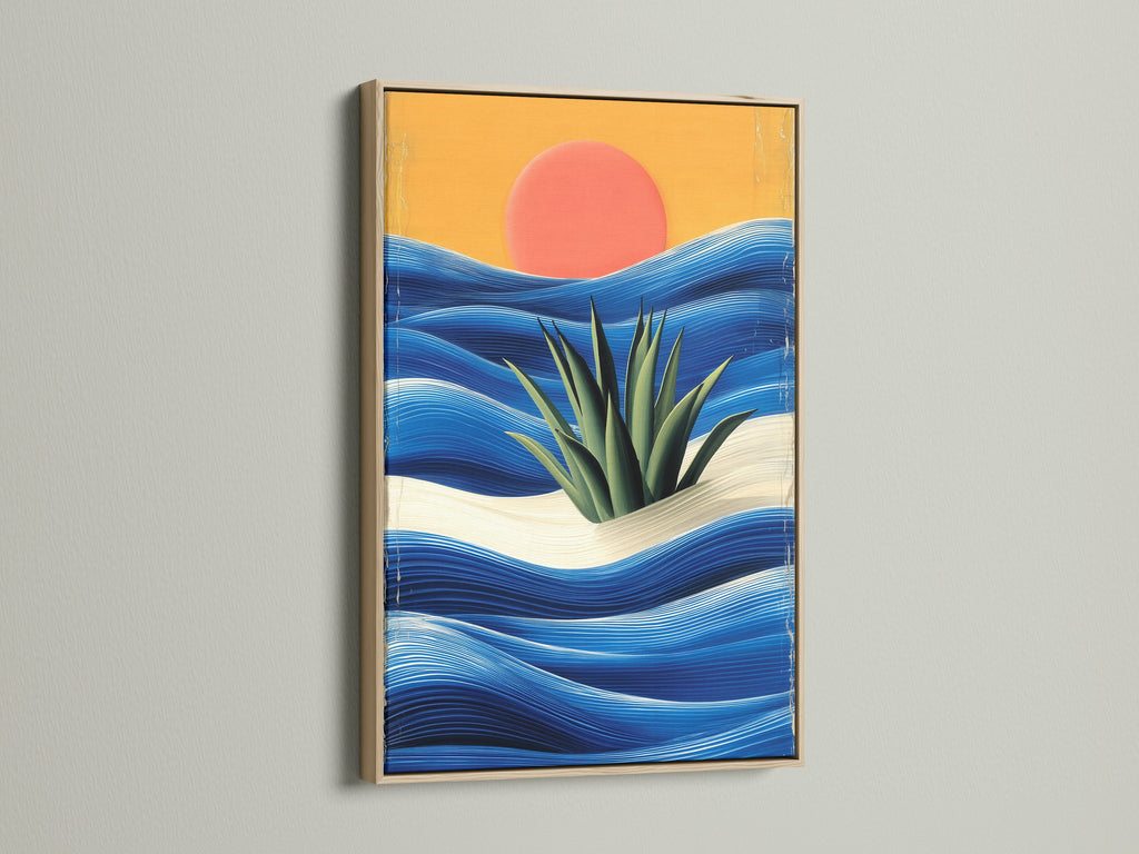 Framed coastal sunset artwork in an oak frame. This abstract ocean waves wall art adds a modern seascape touch. Ideal for beach houses and sunrooms. Get yours today!