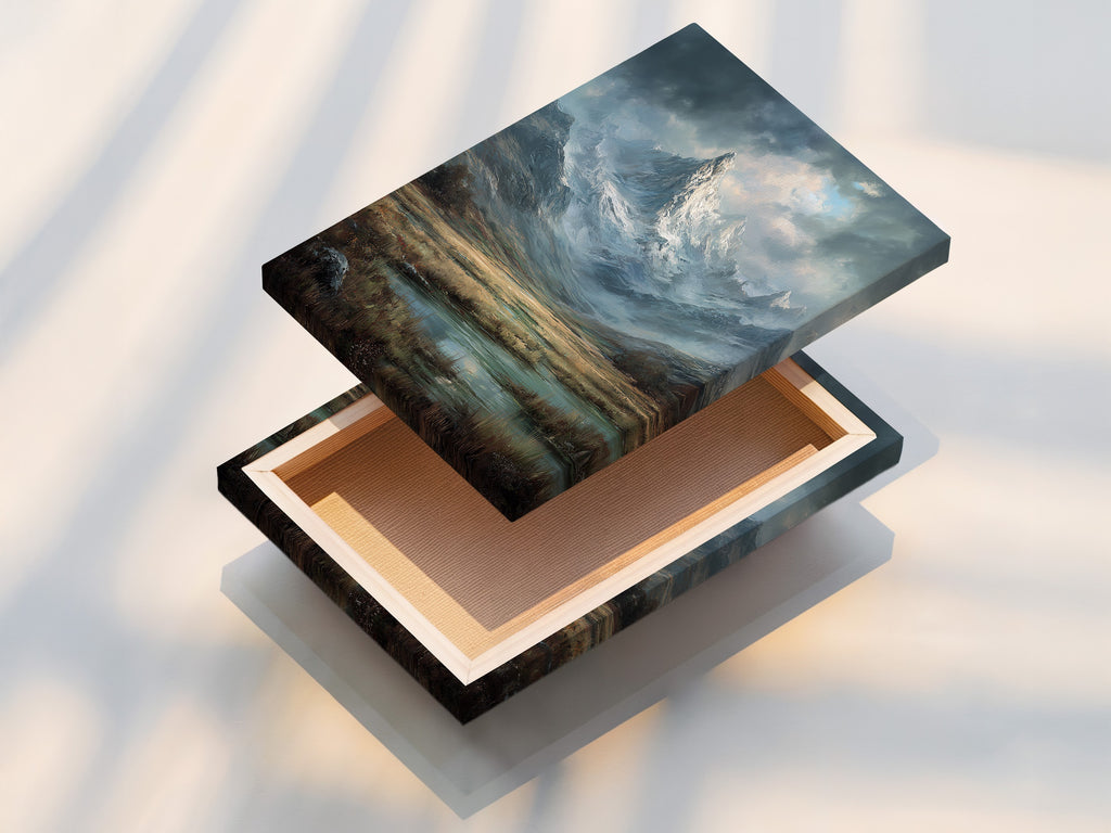 Mountain Landscape Oil Painting - Dramatic Alpine Valley Art, Snowy Peaks Canvas Print, Nature Wall Decor, Original Artwork