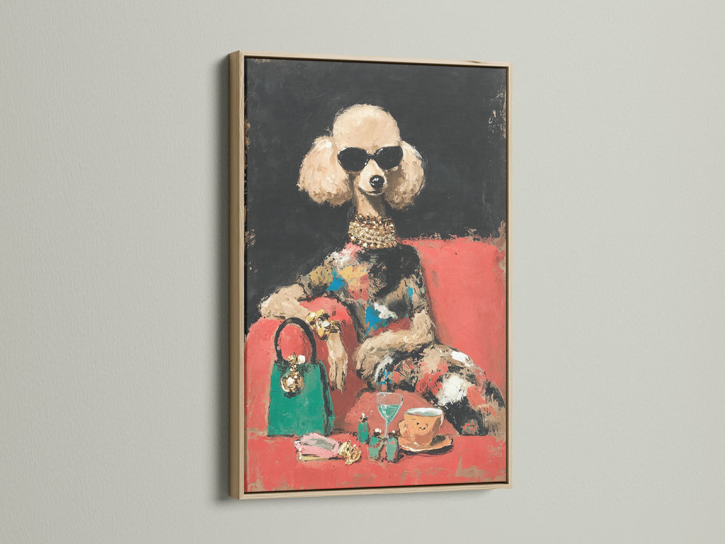 Glamorous poodle art displayed in an oak frame. A perfect blend of vintage and chic this fashion dog print elevates your living room wall art or office wall decor. Ideal for dog lovers.