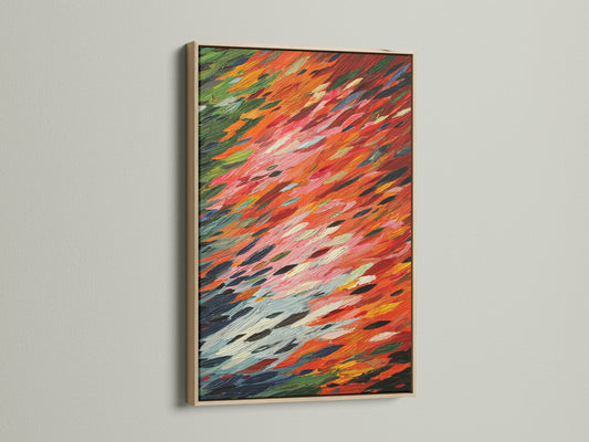 This image showcases an abstract brushstroke artwork beautifully framed in oak. The vivid orange and red colors create a stunning visual impact. This modern expressionist artwork is perfect for adding a touch of contemporary style to living rooms and offices.