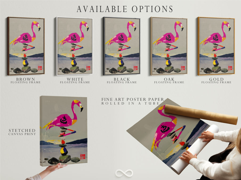This image shows available options for the flamingo balance art print. Choose from a stretched canvas print a fine art poster paper or a floating frame. Find the perfect style to match your decor. Enhance your yoga studio decor.