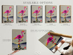 This image shows available options for the flamingo balance art print. Choose from a stretched canvas print a fine art poster paper or a floating frame. Find the perfect style to match your decor. Enhance your yoga studio decor.