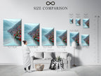 Size comparison chart featuring the Lake Como Italy artwork in an interior setting. See how this Italian coastal wall art fits in various spaces. The teal mountain landscape complements any room. Perfect for visualizing before you buy. Choose the ideal size for your office wall decor. Make the most of your space.