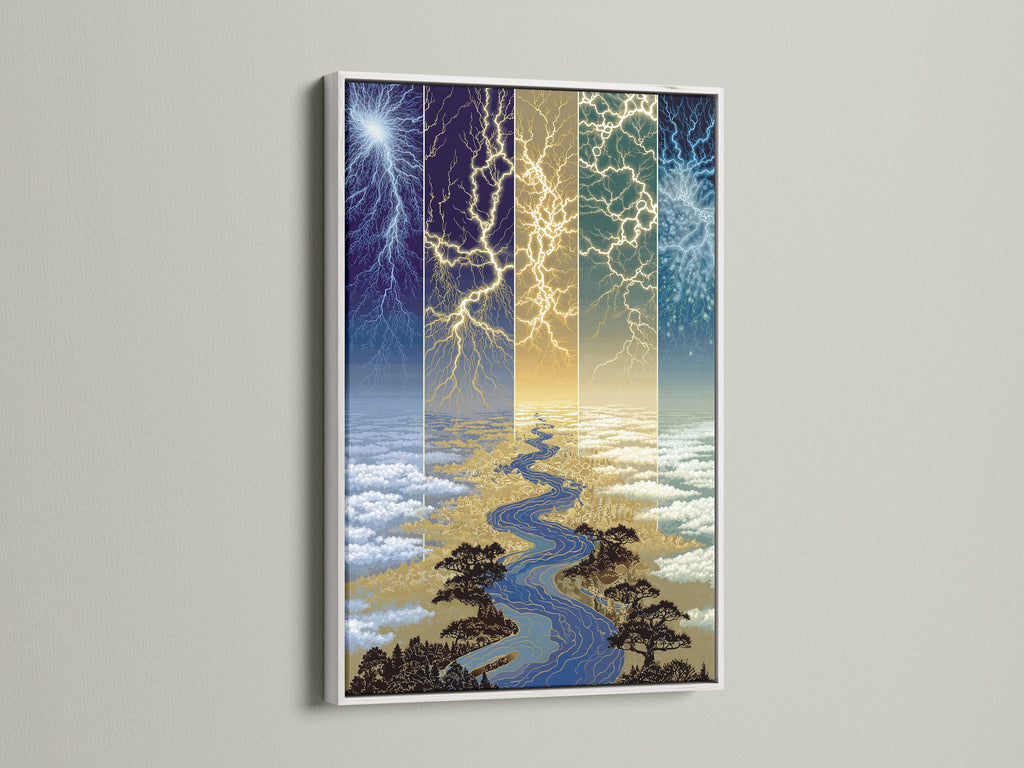 The Lightning River canvas artwork is displayed in a white frame. This modern celestial print is a stunning piece of wall art. The white frame enhances the artwork's blue and gold colors. It brings a contemporary feel to any space.