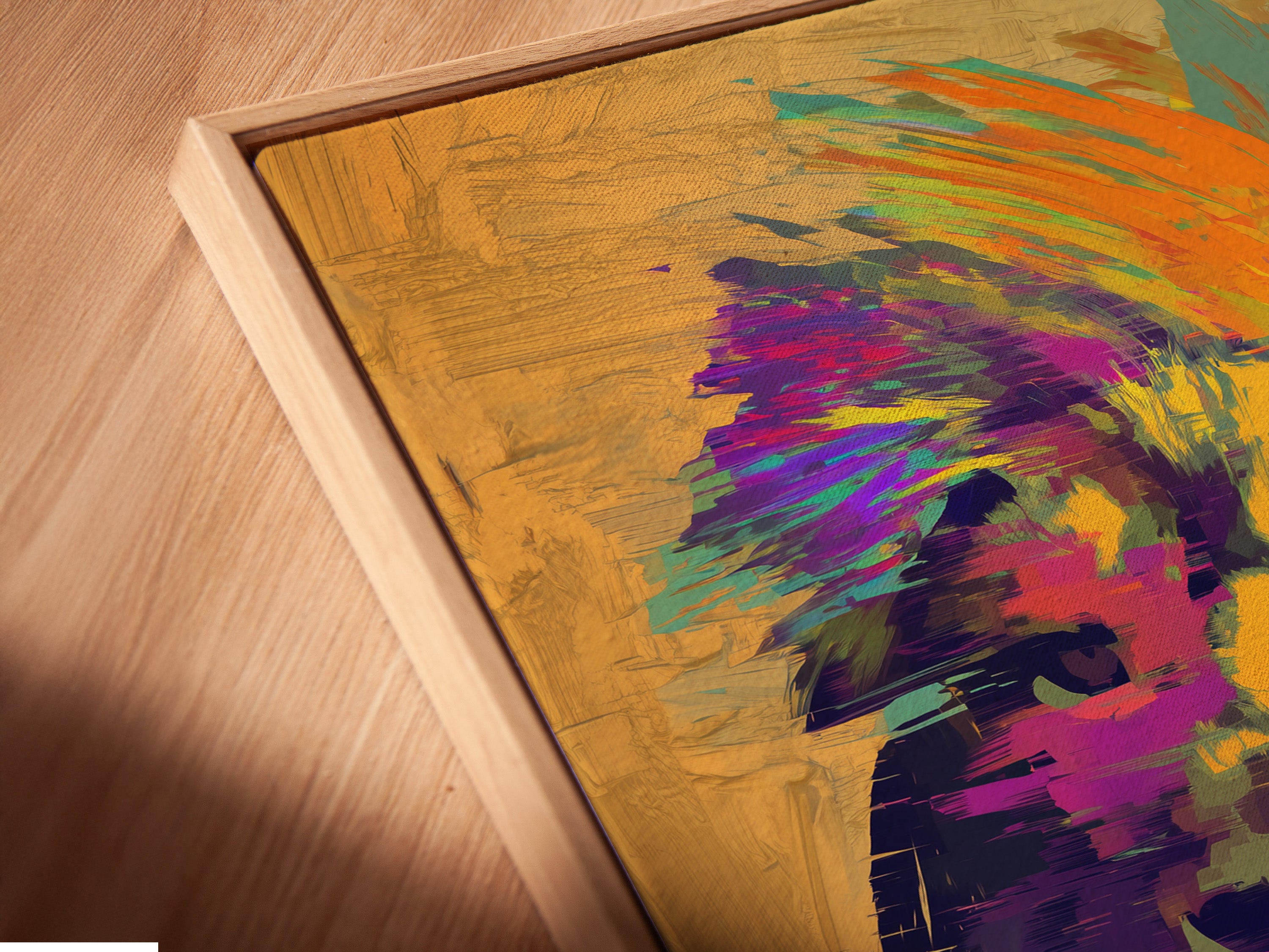A close-up shot highlights a canvas print in a floating frame. The floating frame creates a modern gallery look. This framing style emphasizes the artwork's details. Discover the beauty of canvas prints in floating frames. Elevate your art collection today.