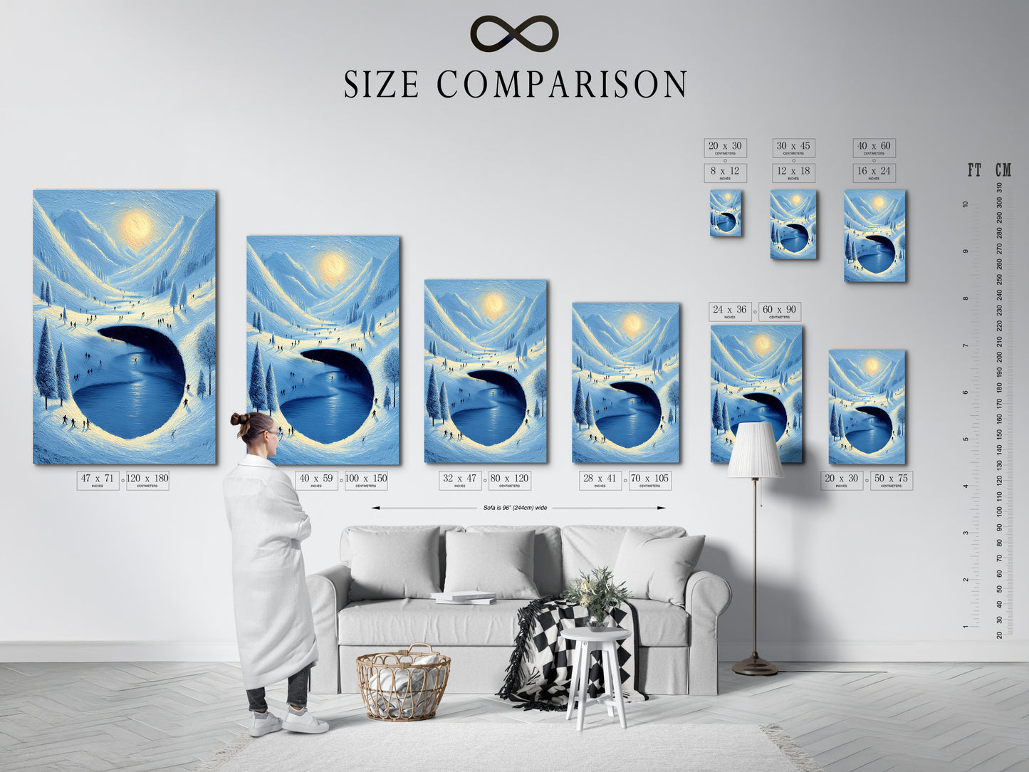A size comparison chart is displayed in an interior setting. This shows the available sizes for the winter landscape canvas print. Visualize how the snowy mountain lake art will look in your space. Find the perfect fit.