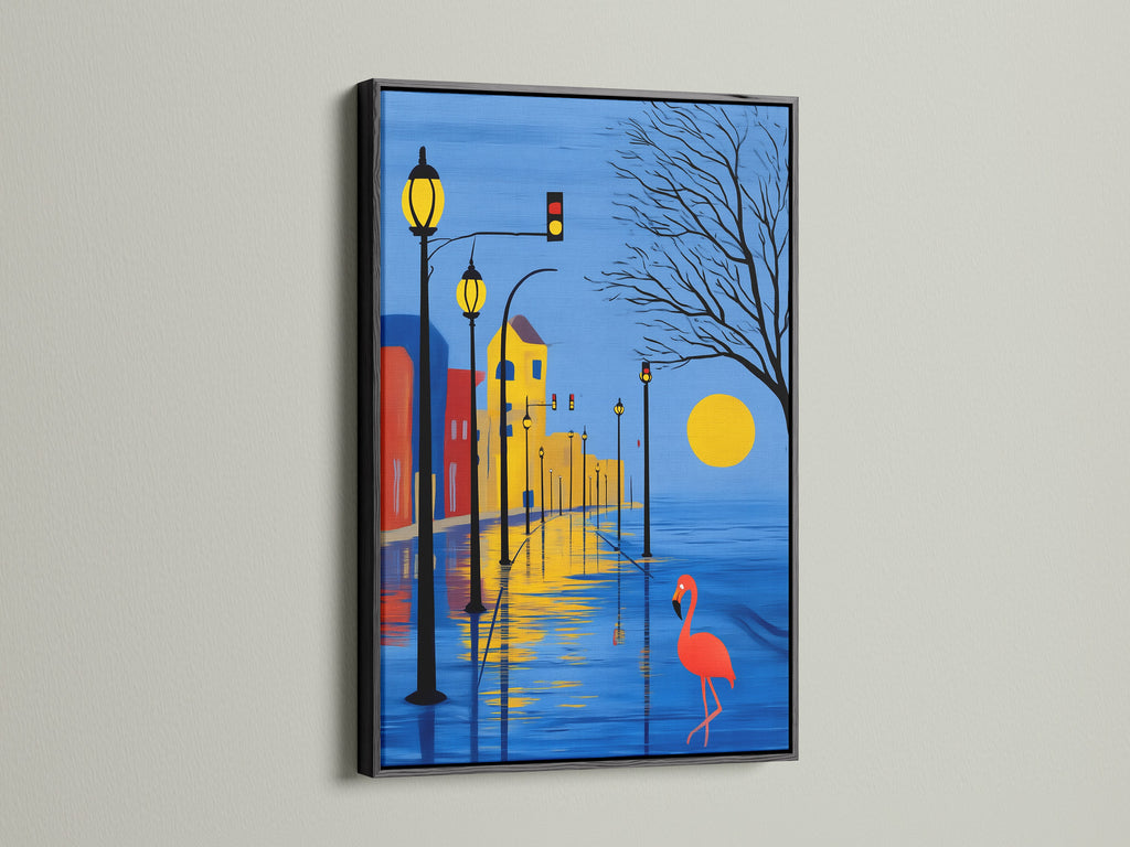 Cityscape art in a sleek black frame. Featuring a flamingo print this modern artwork adds sophistication to any space. The blue and yellow color palette complements minimalist designs. Perfect for creating a contemporary office or living room.