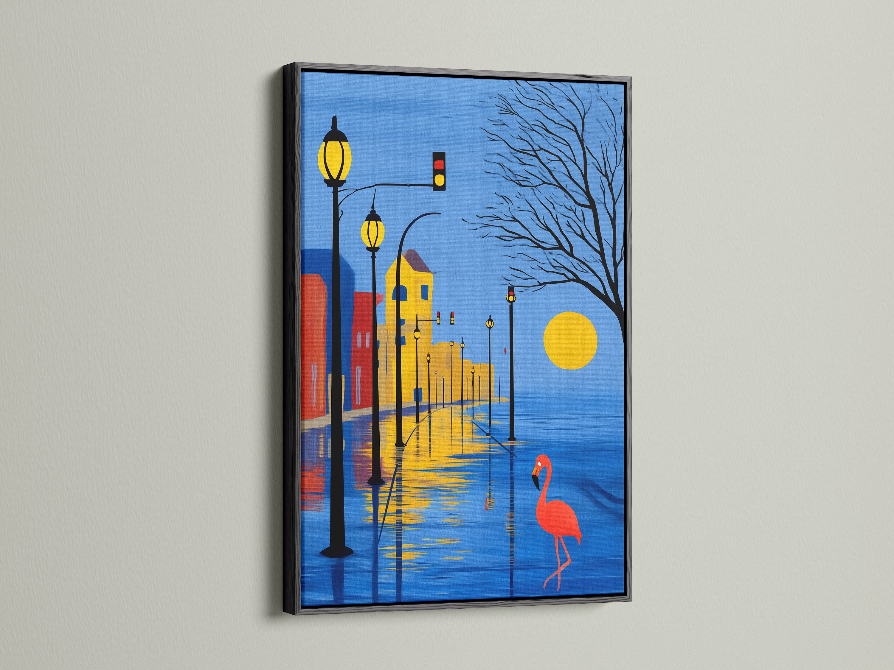 Cityscape art in a sleek black frame. Featuring a flamingo print this modern artwork adds sophistication to any space. The blue and yellow color palette complements minimalist designs. Perfect for creating a contemporary office or living room.