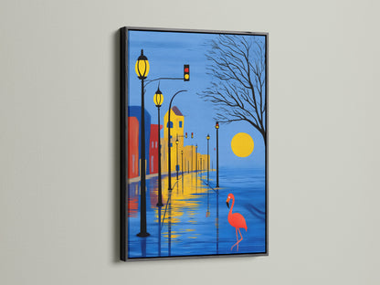 Cityscape art in a sleek black frame. Featuring a flamingo print this modern artwork adds sophistication to any space. The blue and yellow color palette complements minimalist designs. Perfect for creating a contemporary office or living room.