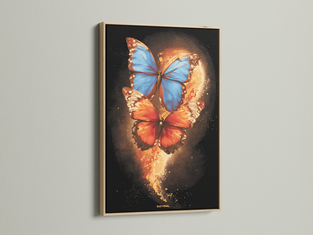 A close-up shot reveals a beautiful butterfly canvas print. The artwork is elegantly framed in oak. The orange and blue insect wall art brings a touch of nature indoors. This modern artwork enhances bedroom decor and living spaces.