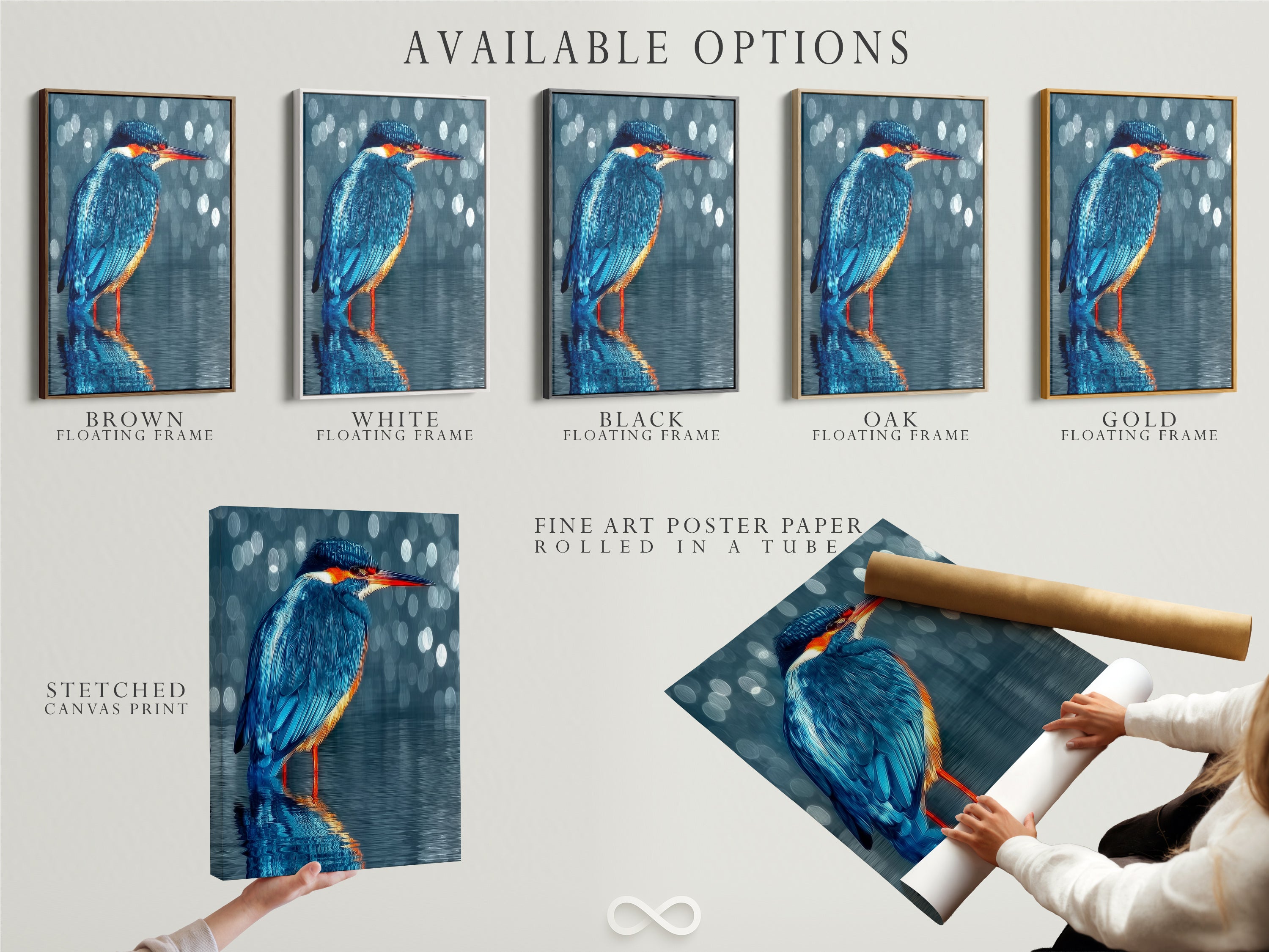 Available options include stretched canvas print fine art poster paper and floating frame. Choose your preferred style for the kingfisher artwork. Customize the teal bird wall art to match your decor