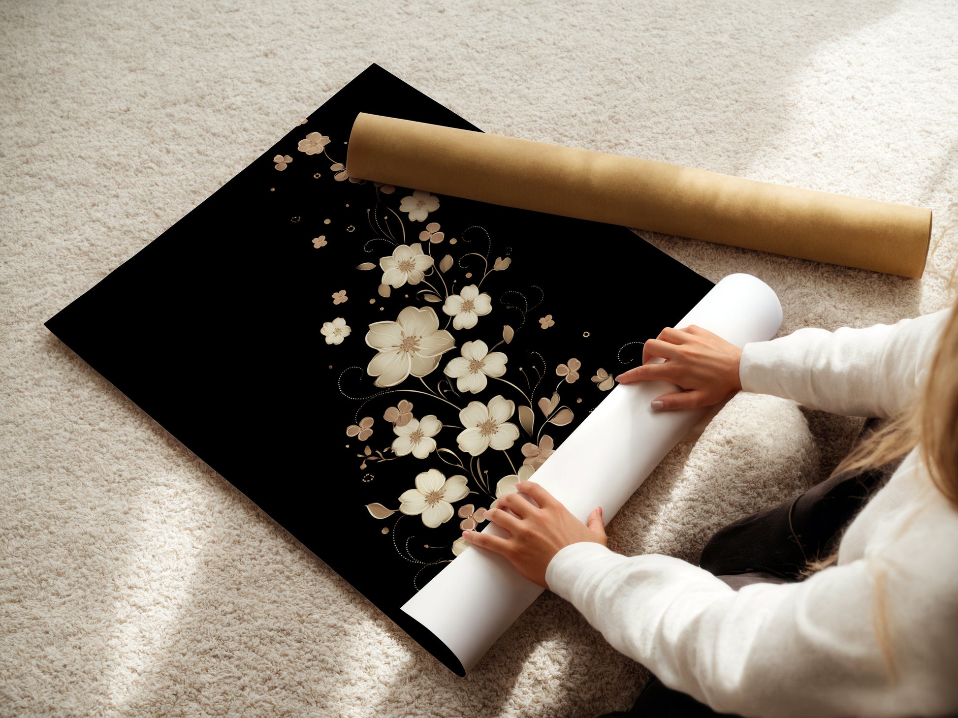 A woman is carefully rolling a fine art poster paper. She is handling the botanical artwork with care. The neutral tones of the beige flowers are preserved. This shows the process of preparing a floral art print.