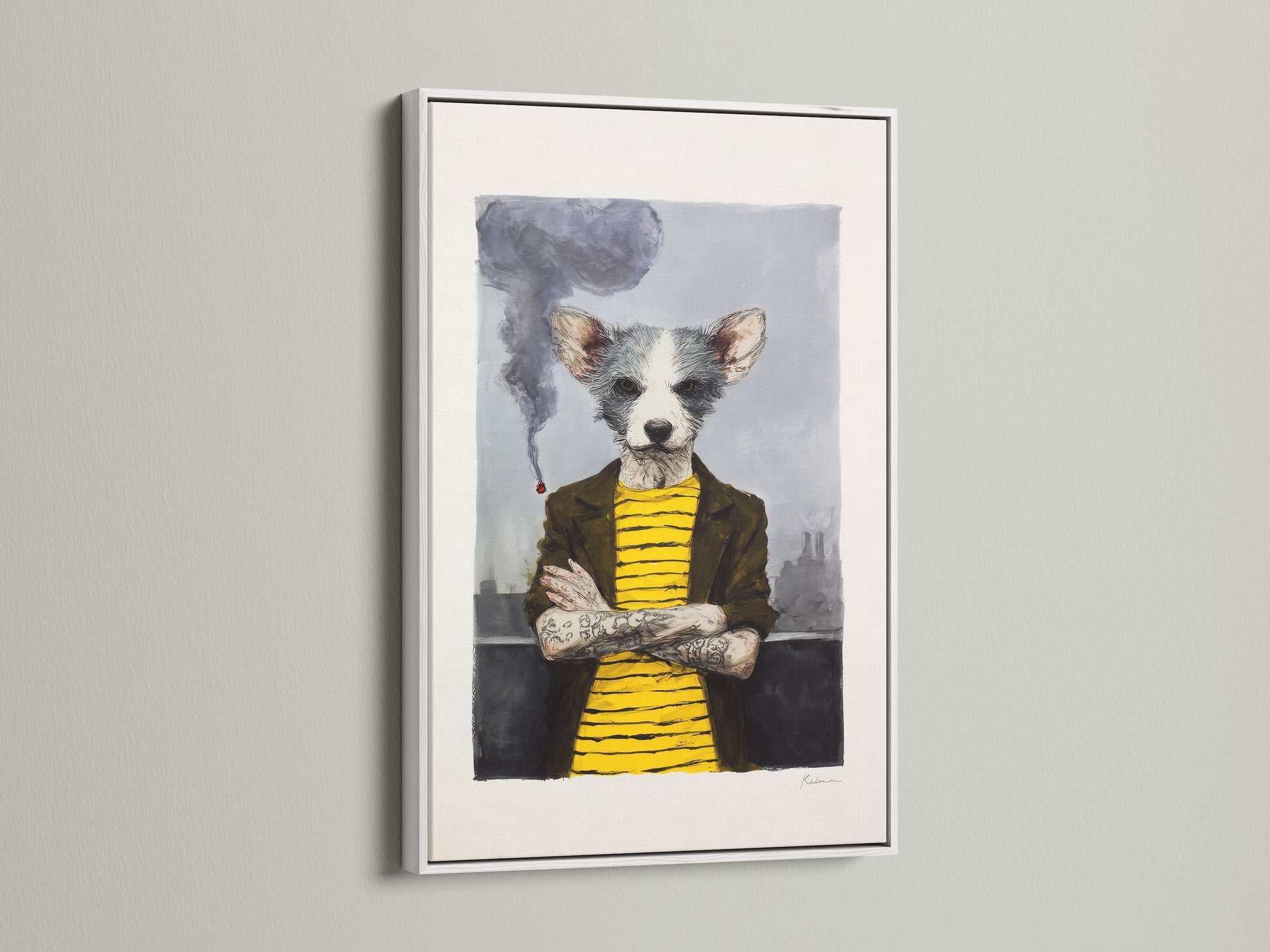 A white frame highlights this charming quirky dog portrait art. The artwork showcases an anthropomorphic animal in a modern setting. This whimsical wall art is ideal for adding a playful element to your decor. It’s a great piece for pet lovers and those who enjoy surreal animal art. The primary color is yellow and secondary color is grey.