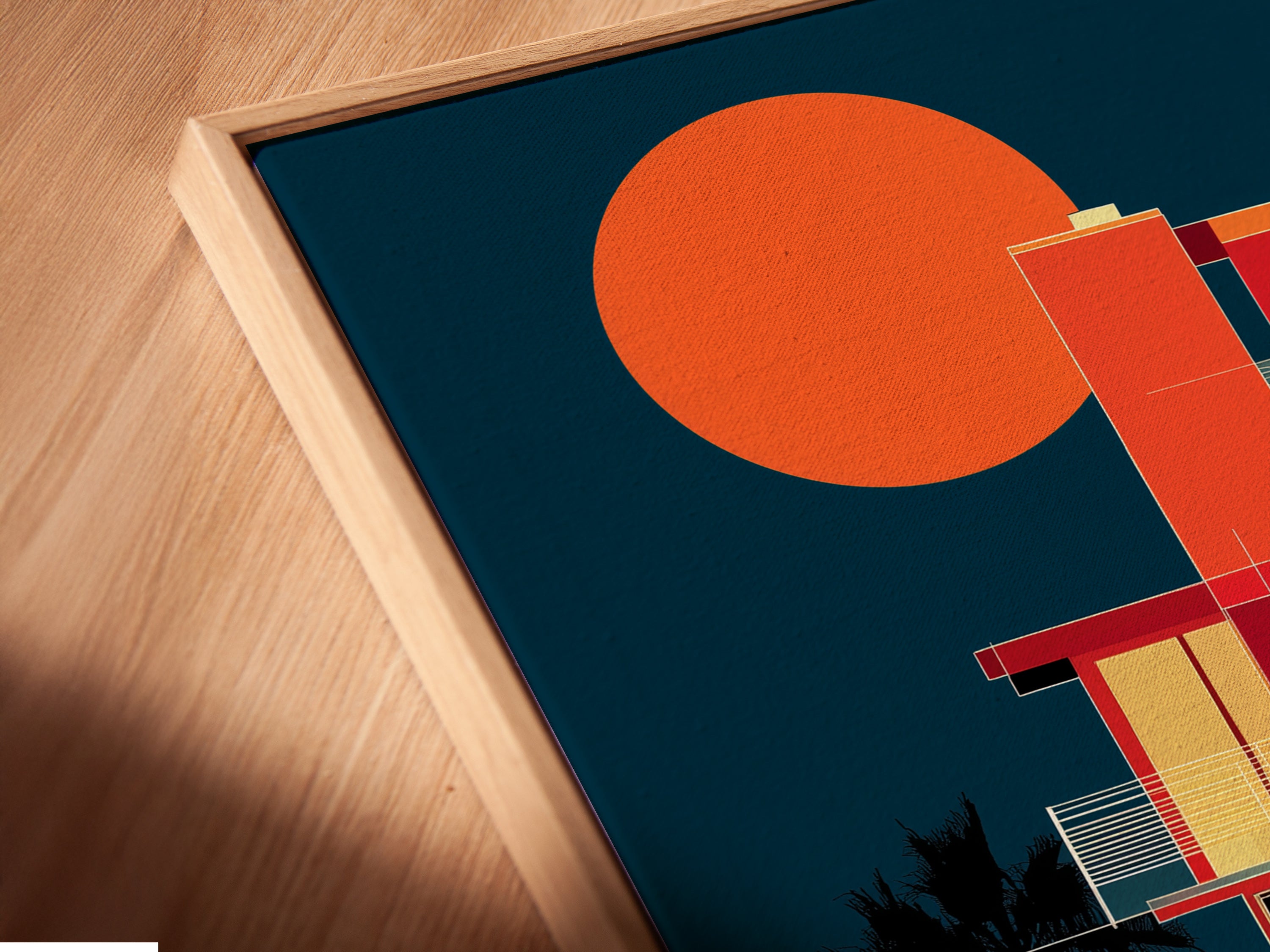 A close-up angled view reveals a canvas print in a floating frame. The surfboard artwork print features retro beach house wall art. The coastal architecture poster enhances the summer vibes. This fine art piece is perfect for adding a touch of California art.