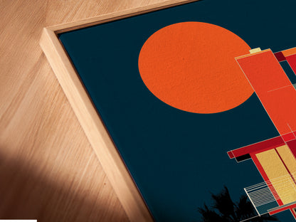 A close-up angled view reveals a canvas print in a floating frame. The surfboard artwork print features retro beach house wall art. The coastal architecture poster enhances the summer vibes. This fine art piece is perfect for adding a touch of California art.