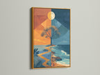 A gold frame enhances this surreal tree art print. The artwork includes an orange and blue abstract landscape. This modern canvas piece is ideal for adding a touch of elegance to office decor. The sun and ocean art brings coastal vibes.
