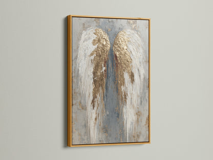 The angel wings artwork is encased in a gold frame. The artwork is displayed on a white wall. The gold frame adds a luxurious and elegant aesthetic. It enhances the artwork's richness. It brings a touch of opulence to any room.