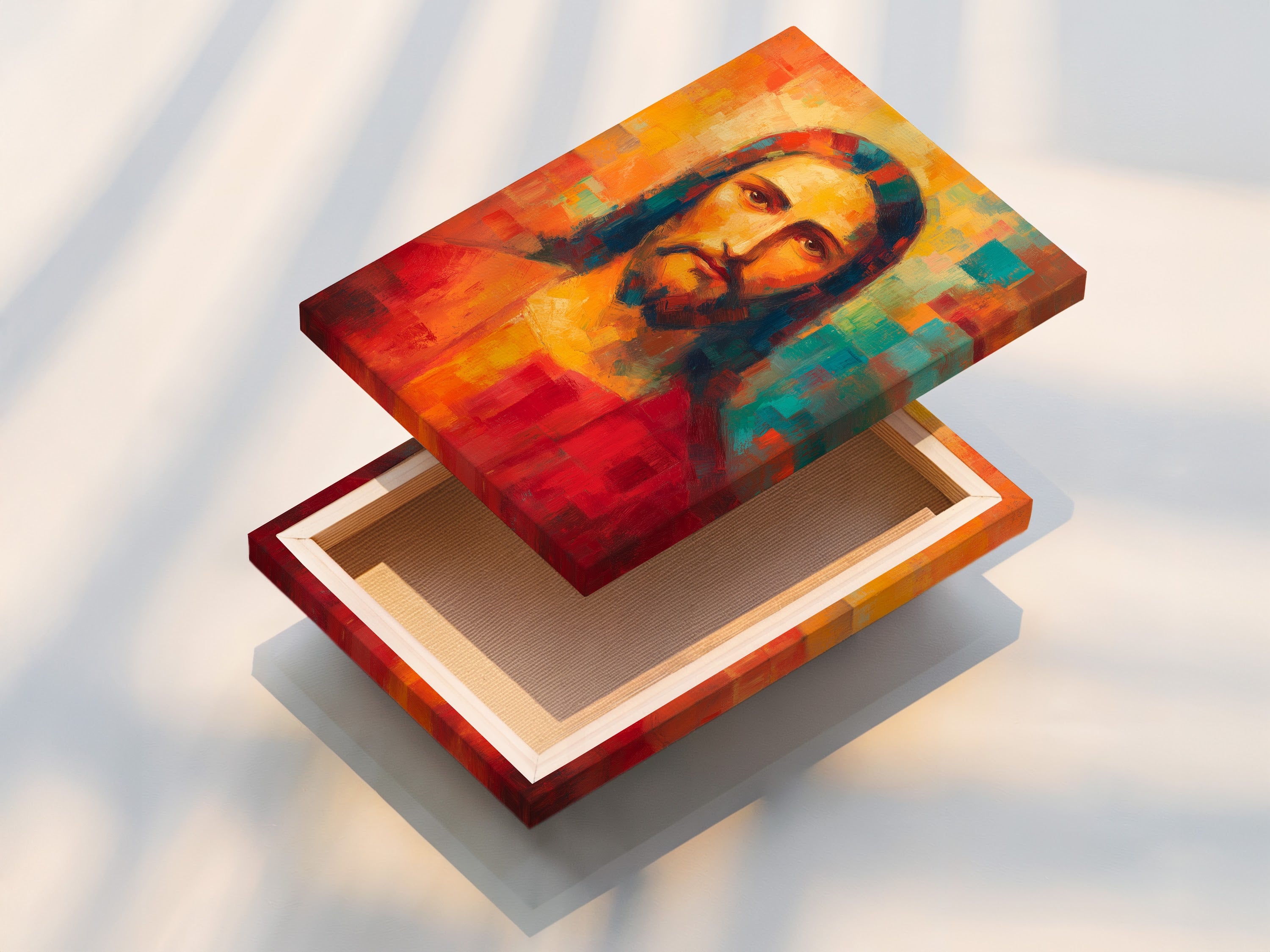 Stretched canvas print. This artwork is a vibrant portrait of Jesus Christ. The canvas is stretched and ready to hang. It offers a gallery-wrapped look. Add a touch of elegance to your home decor.