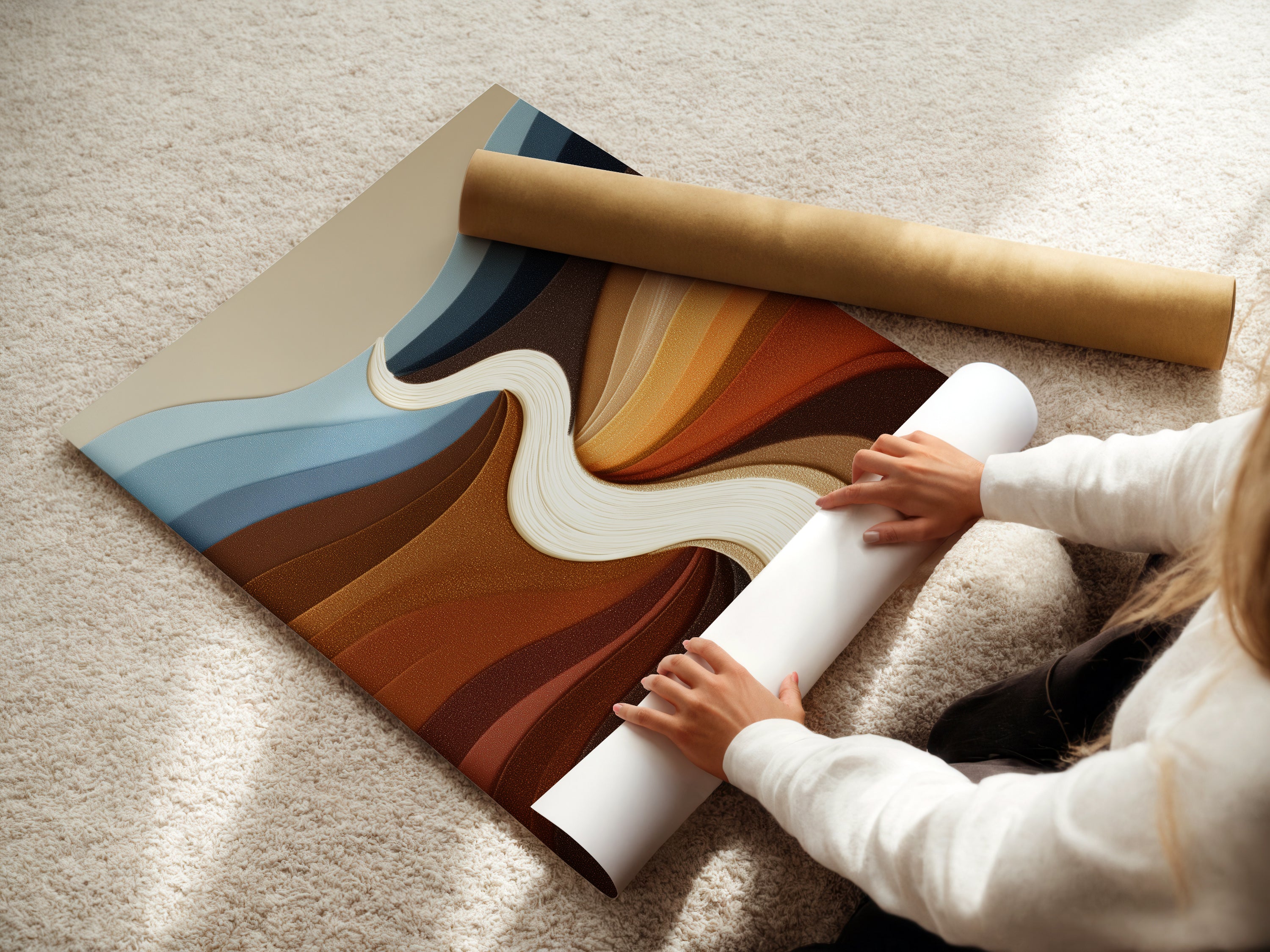 A woman is shown carefully rolling a fine art poster paper. The fine art poster paper ensures high quality prints. This abstract river artwork is available as a poster. Perfect for adding a touch of modern art to your home. Explore our range of fine art prints. Enhance your space with this elegant artwork.