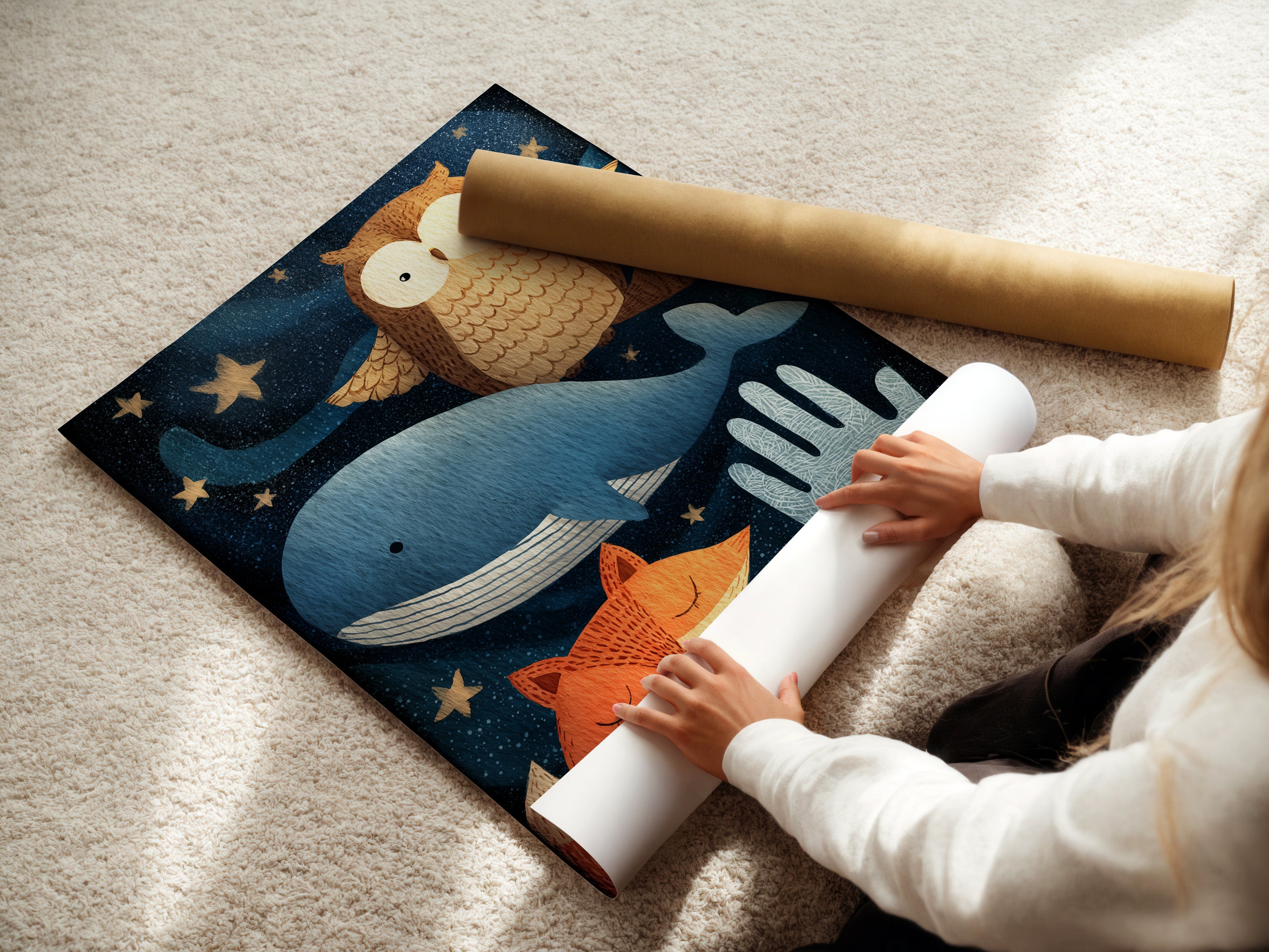 A woman is carefully rolling a fine art poster paper. She handles the delicate material with care. This highlights the quality and attention to detail. Our fine art posters are crafted for longevity and beauty. Ensuring your prints arrive in perfect condition ready to be displayed.