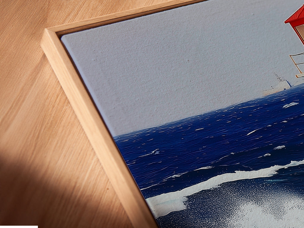 Close-up of a lighthouse canvas print in a floating frame. This modern presentation enhances the artwork. The floating frame creates a sleek sophisticated look. It is perfect for coastal and contemporary interiors. Nautical wall art.