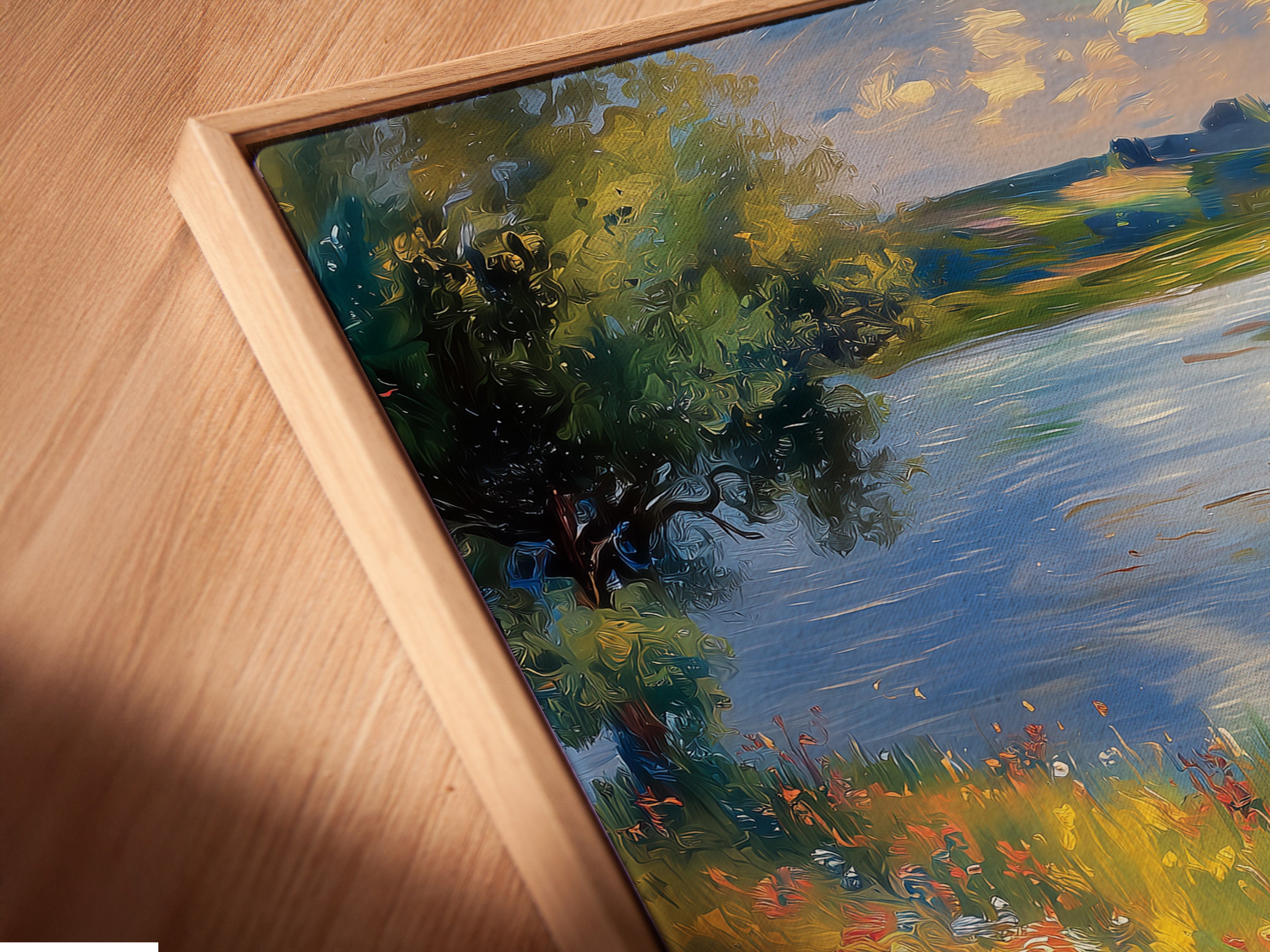 Angled close up of a canvas print in a floating frame. The floating frame gives the artwork a modern look. This frame highlights the artwork's edges. See the art from all angles. The frame enhances the artwork's depth.