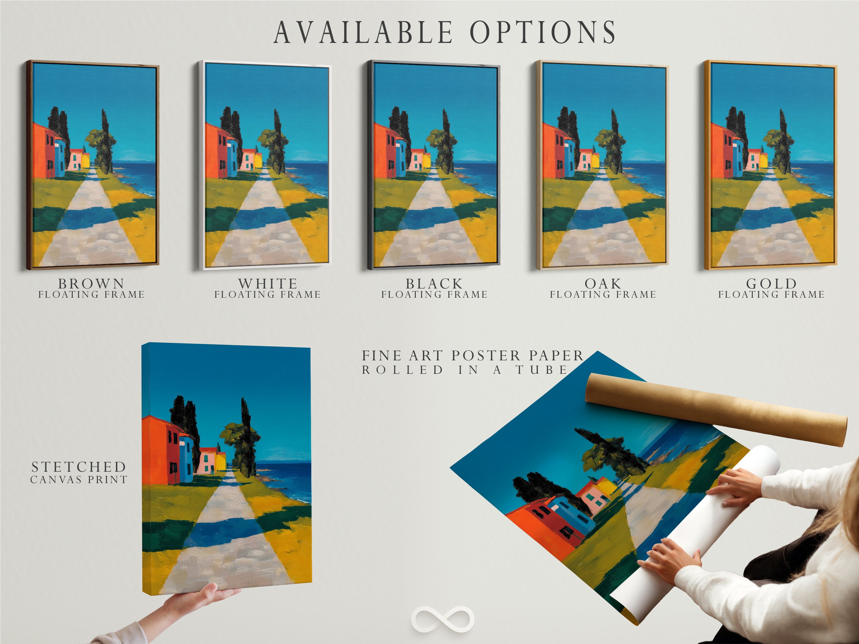 Available options are displayed including a stretched canvas print fine art poster paper and a floating frame. Each option offers a unique way to showcase the colorful buildings by the coast. Select the perfect medium to match your style.