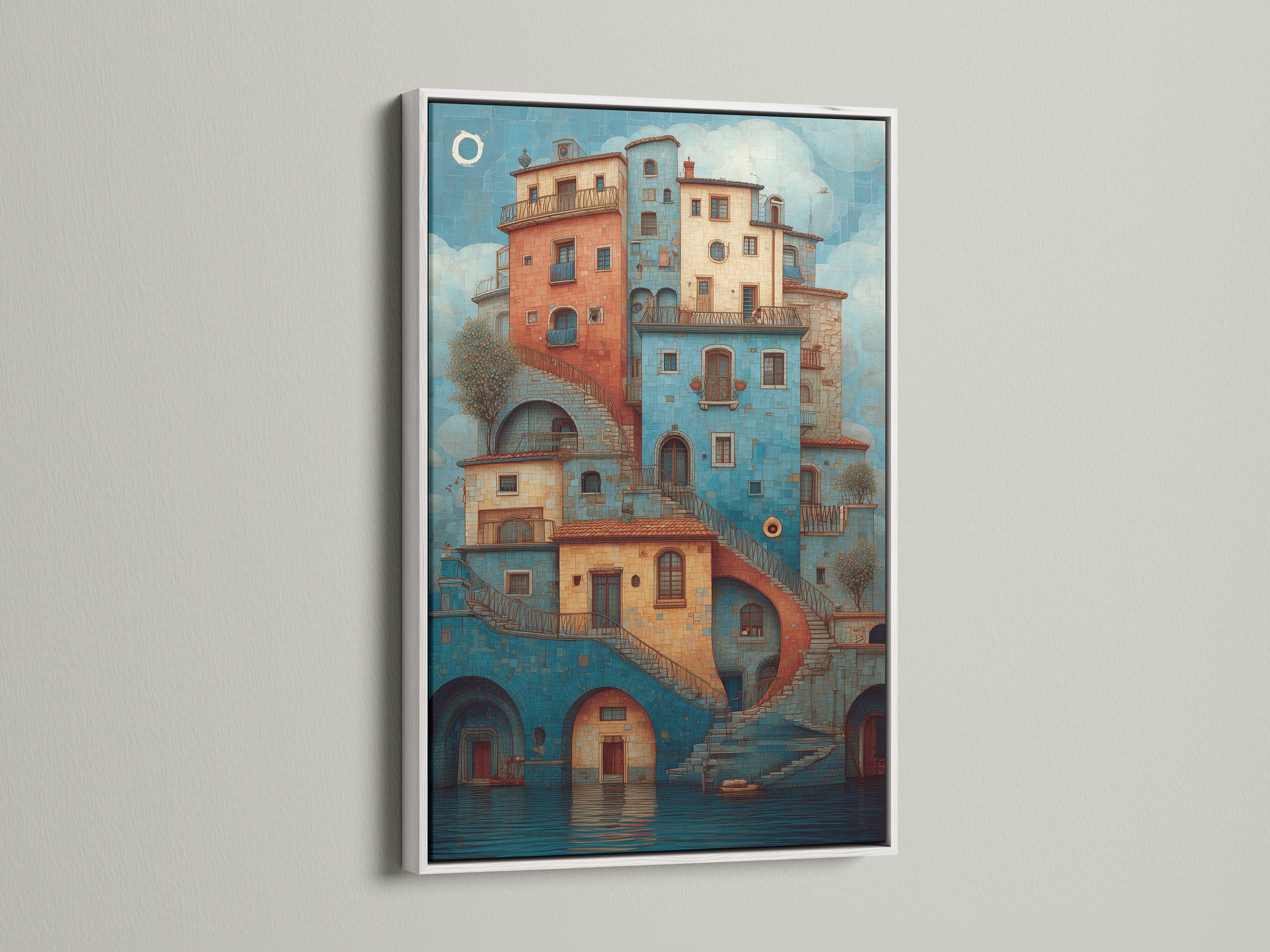 White frame artwork. This artwork features a stack of buildings with bridges and stairs. The art is framed in a clean white frame. This wall art brings color and architectural interest to any room. Add a touch of sophistication to your living space.