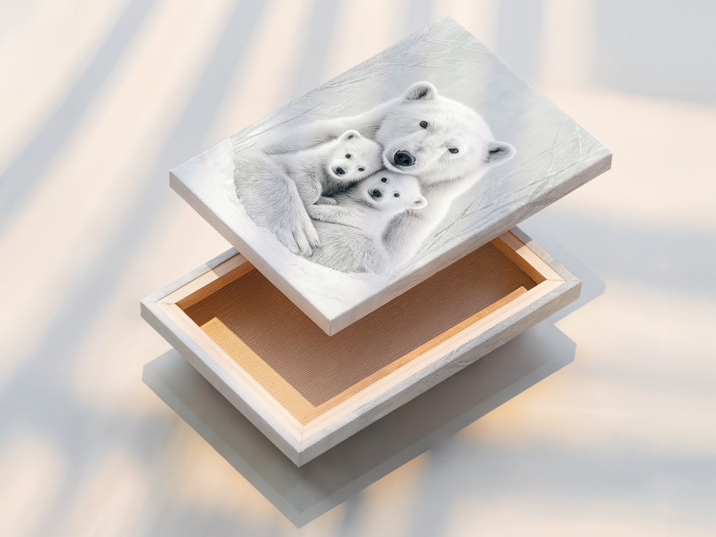 This is a stretched canvas print featuring a polar bear family. The monochrome animal artwork is ready to hang. It adds a touch of wildlife to any contemporary nursery or living space.
