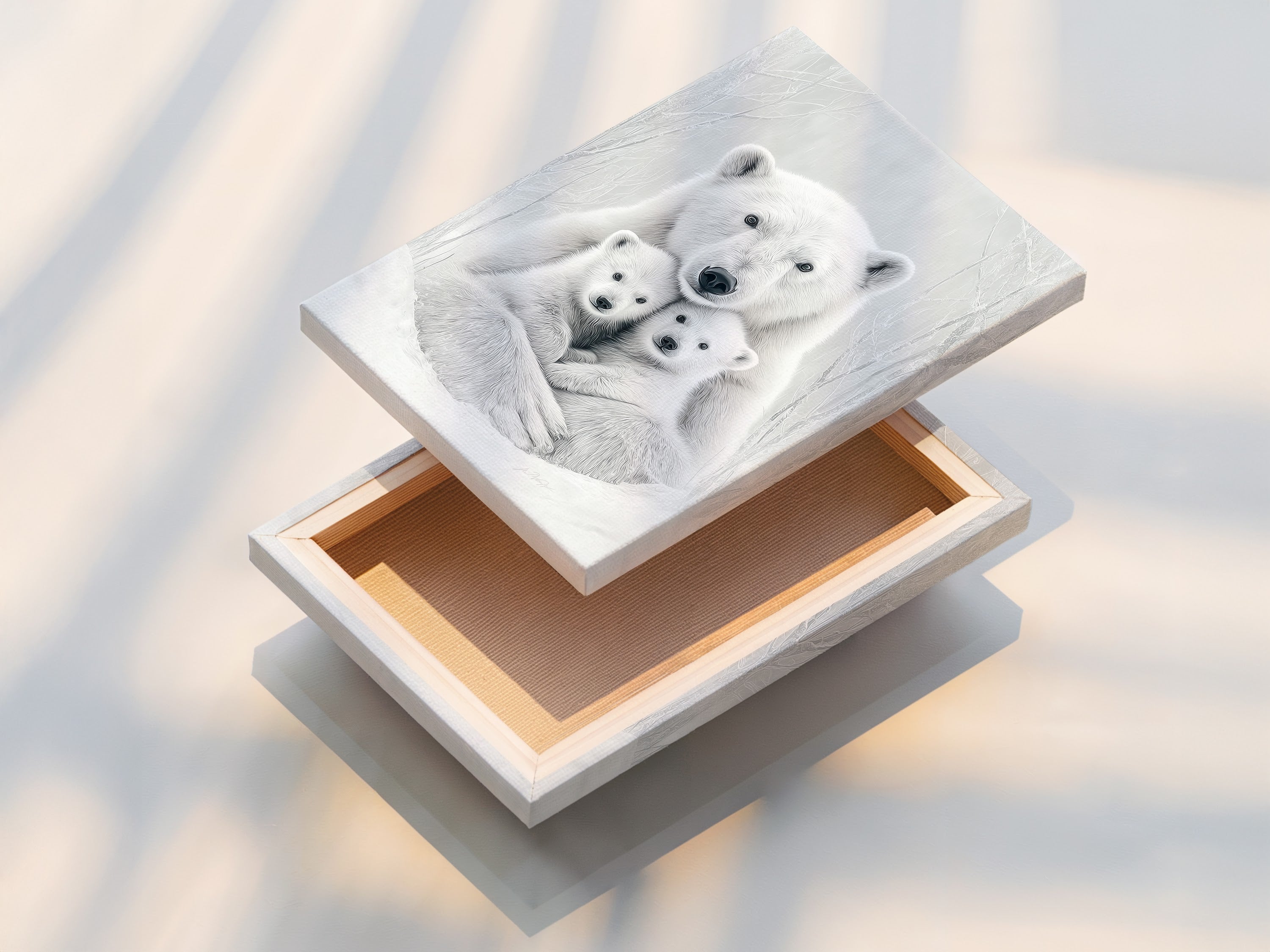 This is a stretched canvas print featuring a polar bear family. The monochrome animal artwork is ready to hang. It adds a touch of wildlife to any contemporary nursery or living space.