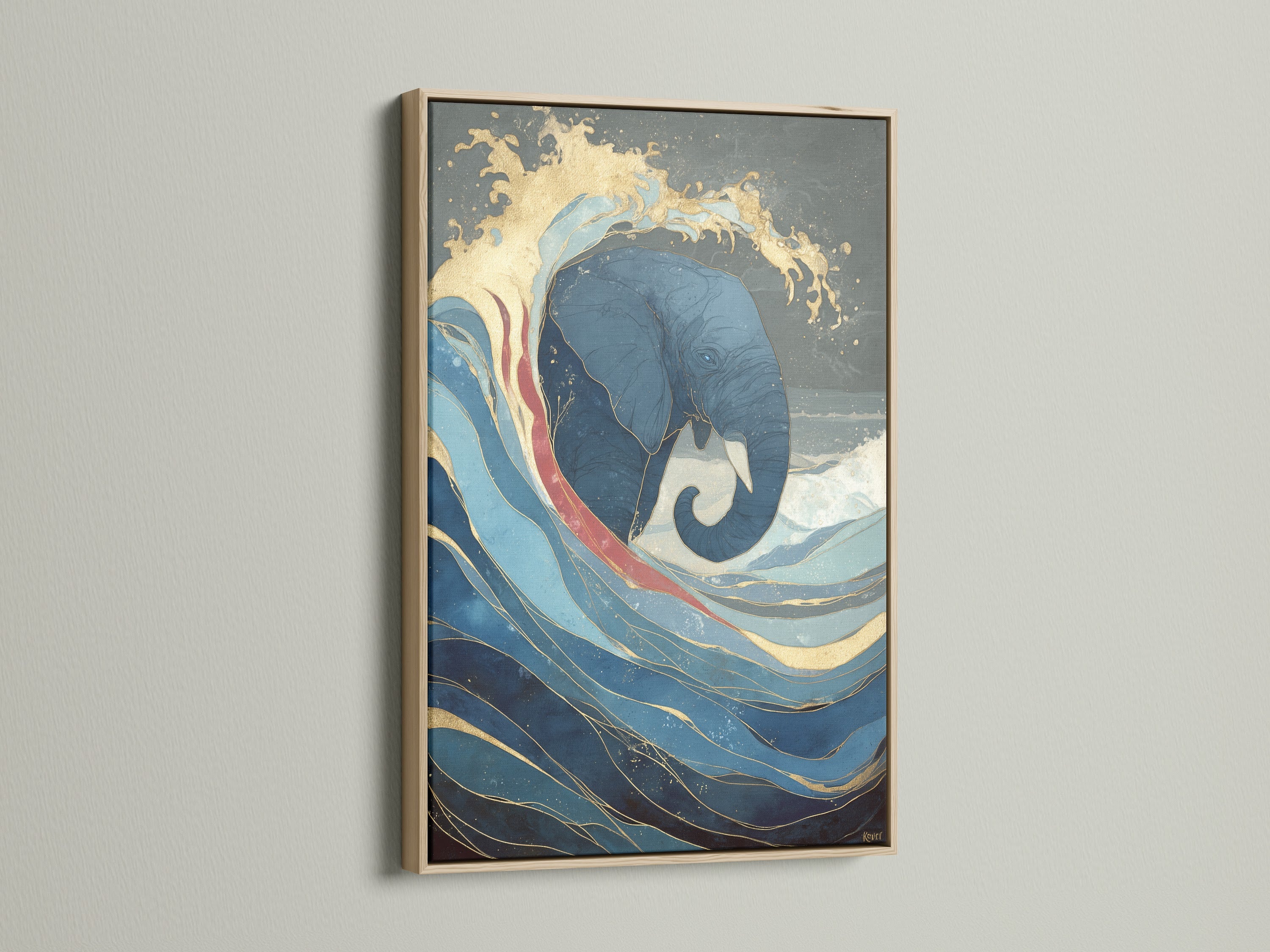 A captivating ocean wave and elephant artwork is displayed in an oak frame. The artwork is a blue and gold abstract canvas print. This Japanese style art adds a minimalist style to your living room bedroom or office space.