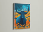 Majestic Bull artwork is beautifully showcased in a white frame. The contrast highlights the teal and amber colors. It is a versatile piece for minimalist or modern spaces. This farmhouse artwork adds sophistication to any room's wall decor.