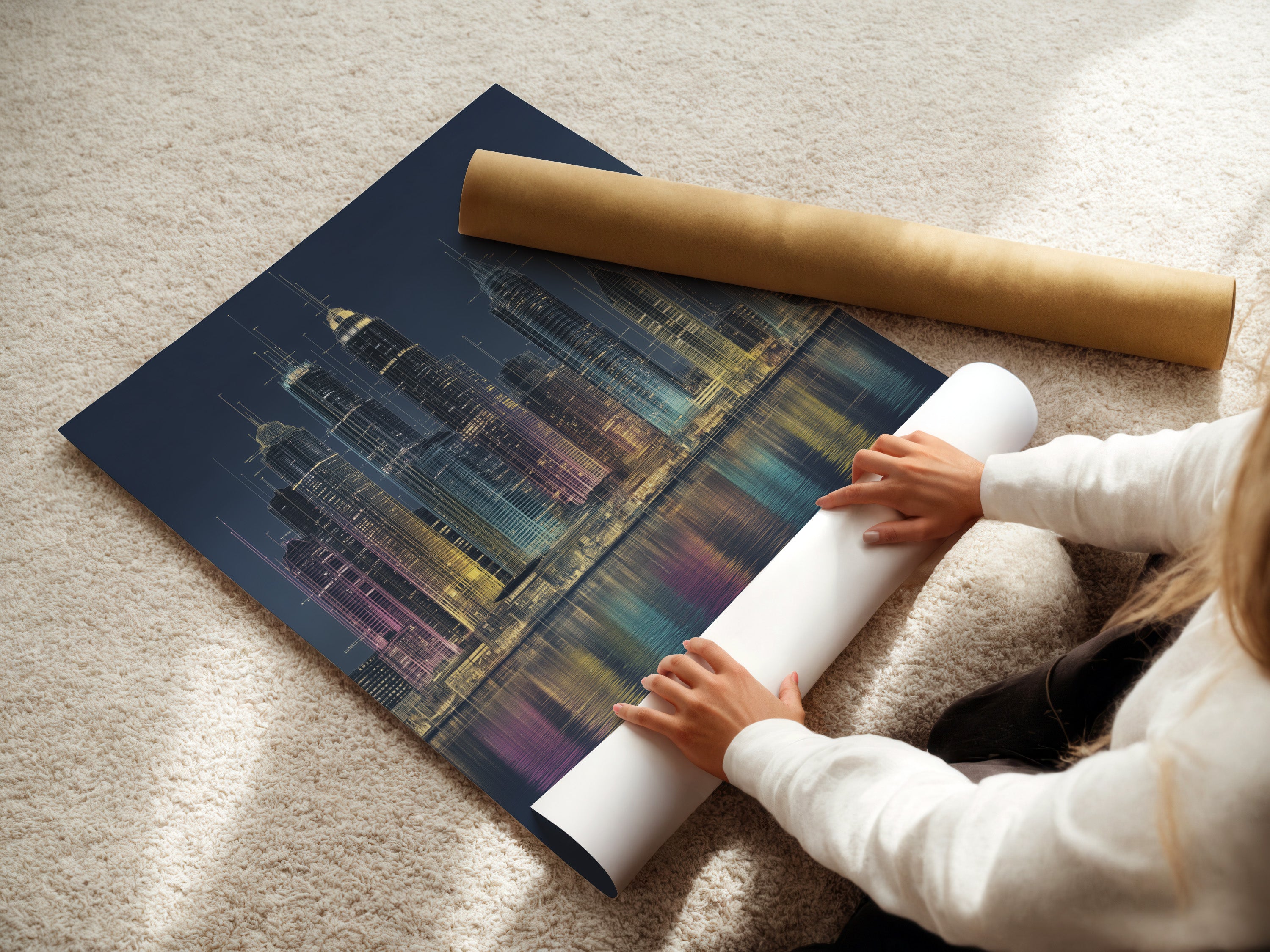 A woman carefully rolling a fine art poster paper of a cityscape. The modern urban artwork is ready for framing. The fine art paper ensures high-quality reproduction of the skyline. Perfect for creating stunning office wall decor or living room art. This cityscape print captures the beauty of metropolitan life. The poster is handled with care.