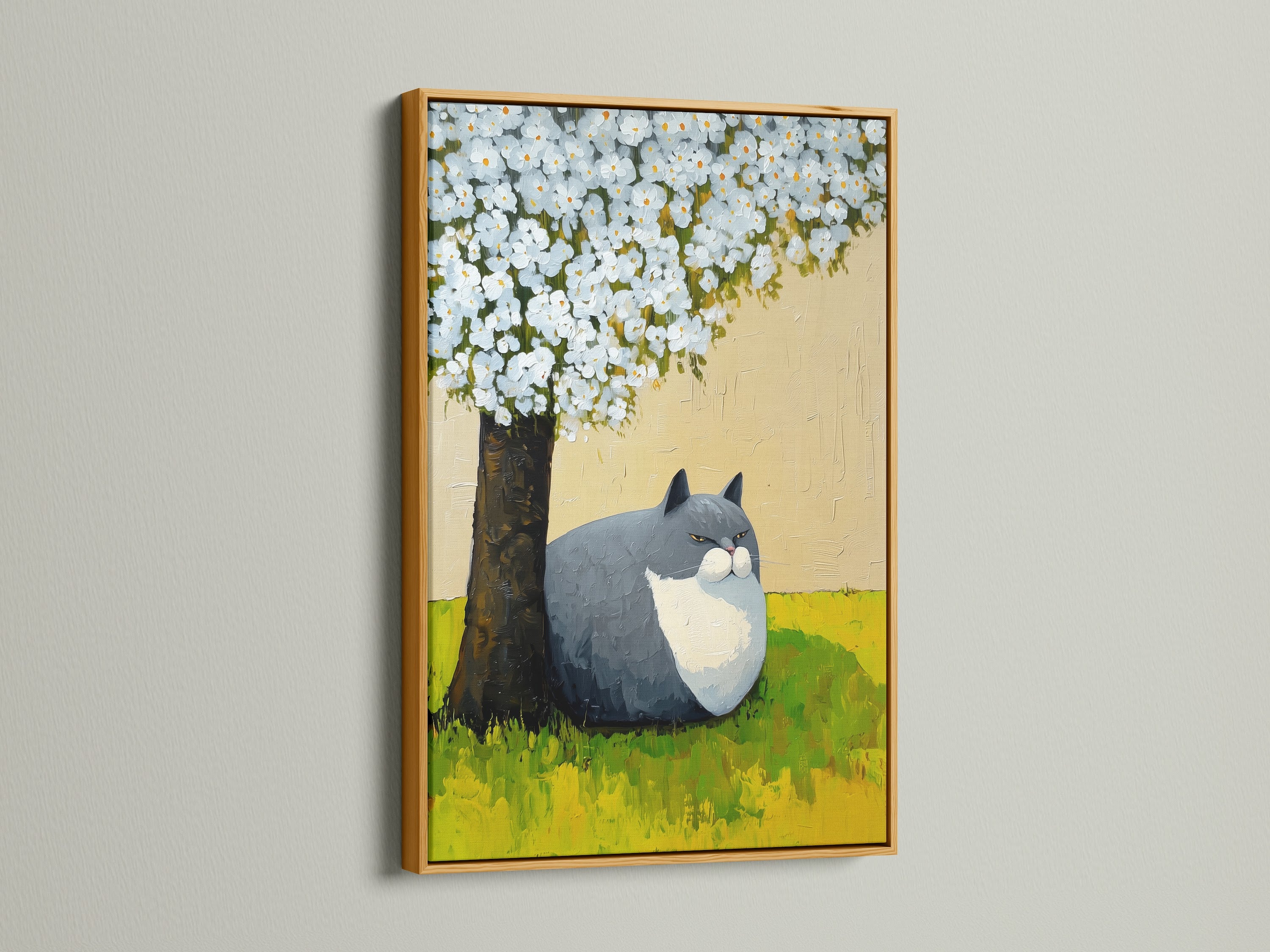 A gold frame highlights a charming cat under tree artwork. This whimsical nursery art brings a touch of spring blossom beauty. It is a perfect cat lover gift and bedroom wall decor addition. The botanical cat art fits seamlessly into contemporary minimalist styles.