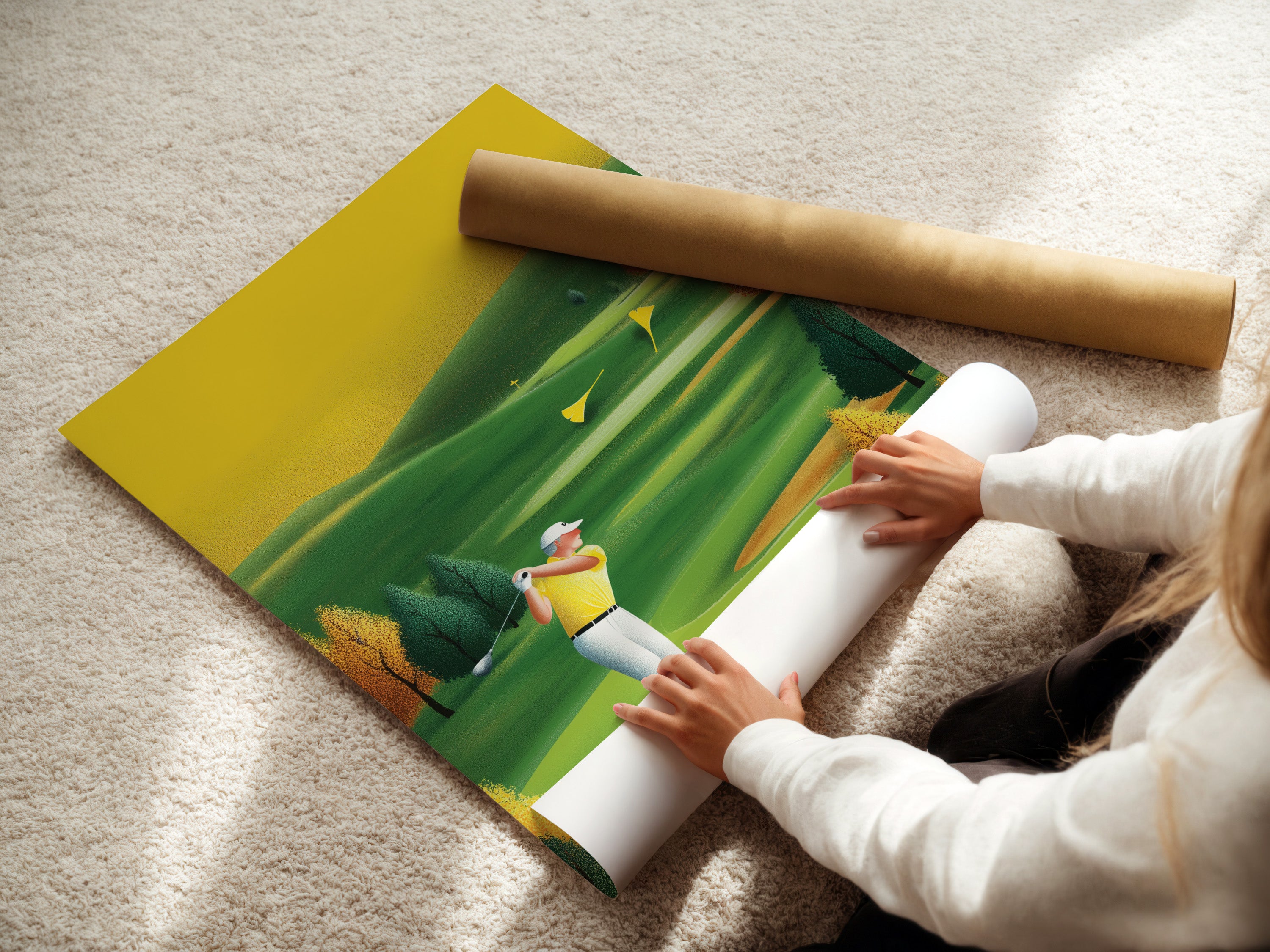 A woman carefully rolling a fine art poster paper. High quality fine art paper ensures the golf artwork is preserved. Golf posters are an affordable option. Perfect for sports wall decor. Ideal for golf lovers. This vintage golf art is ready to frame.
