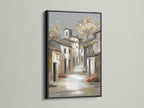 A black frame highlights a European street scene artwork. The black frame offers a bold contrast. It adds sophistication to any space. Choose this frame for a dramatic and stylish presentation.