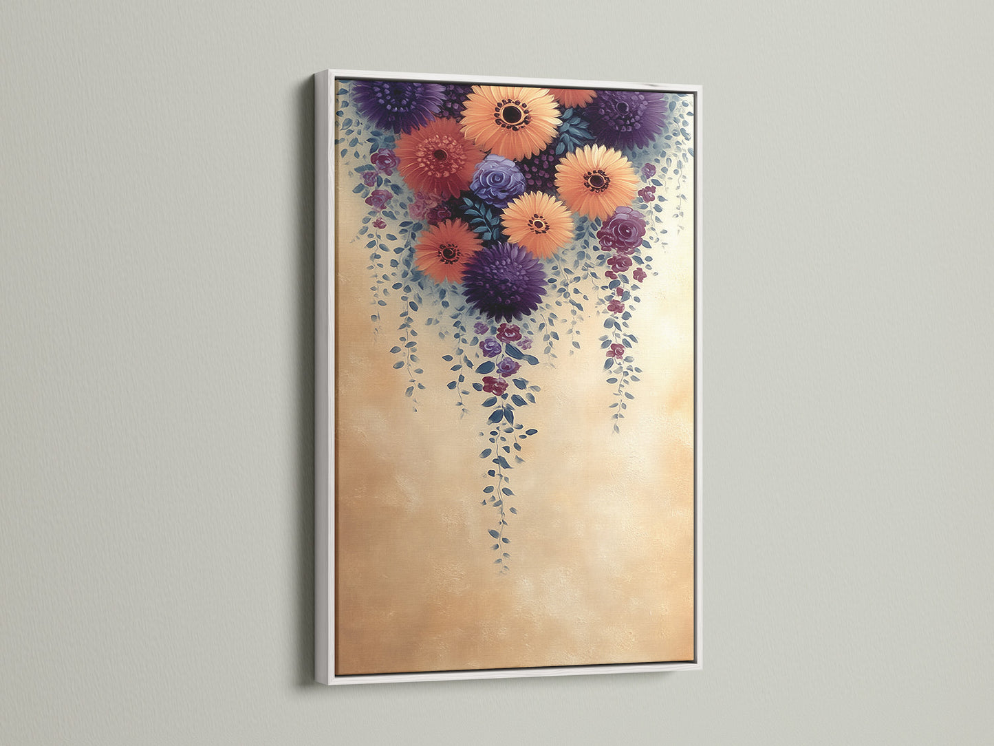 The Floral Cascade Canvas Print is presented in a clean white frame. This enhances the purple and peach flower artwork. Ideal botanical wall decor for a fresh farmhouse look. Transform your living room or bedroom with this elegant piece