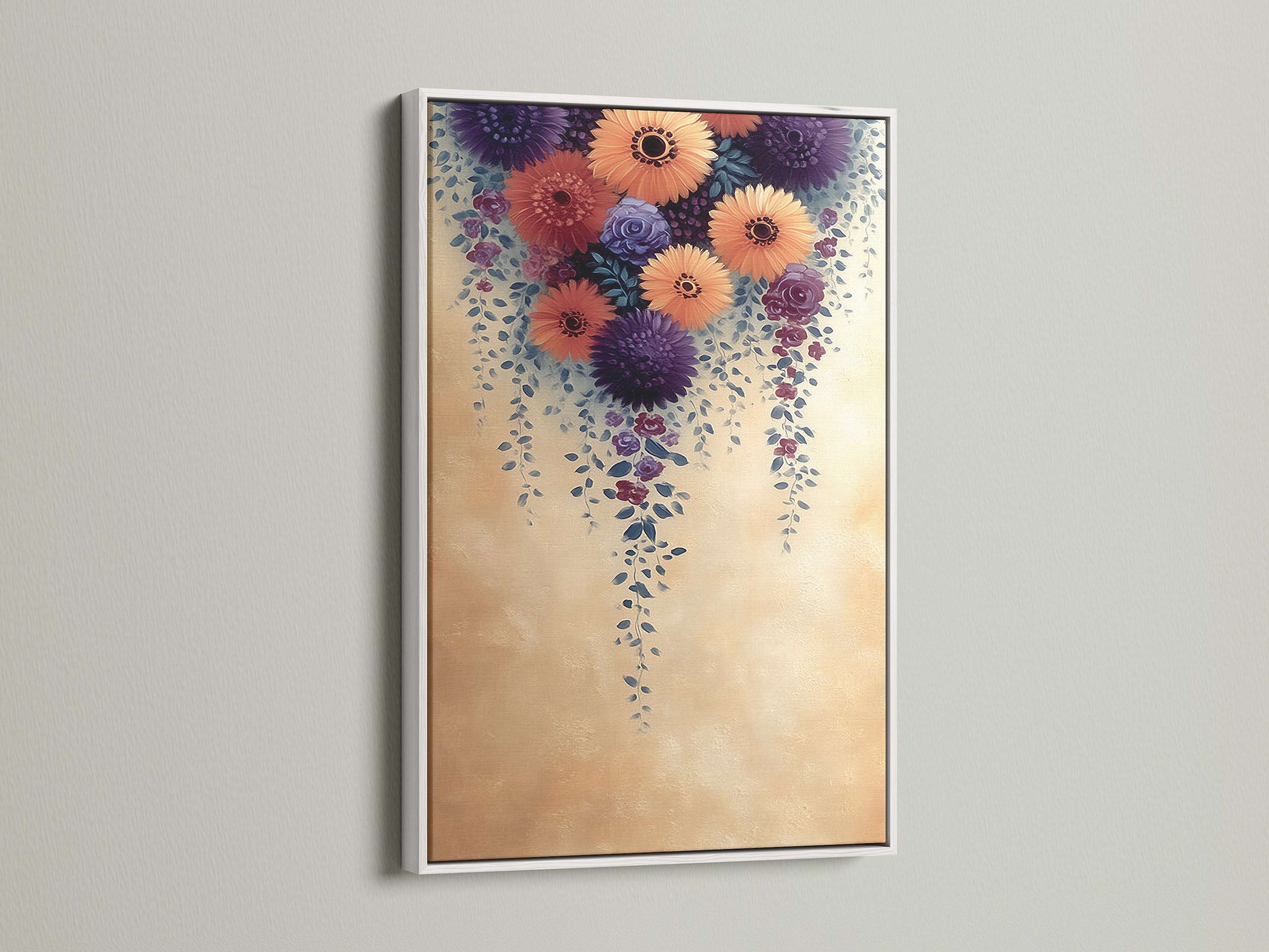 The Floral Cascade Canvas Print is presented in a clean white frame. This enhances the purple and peach flower artwork. Ideal botanical wall decor for a fresh farmhouse look. Transform your living room or bedroom with this elegant piece